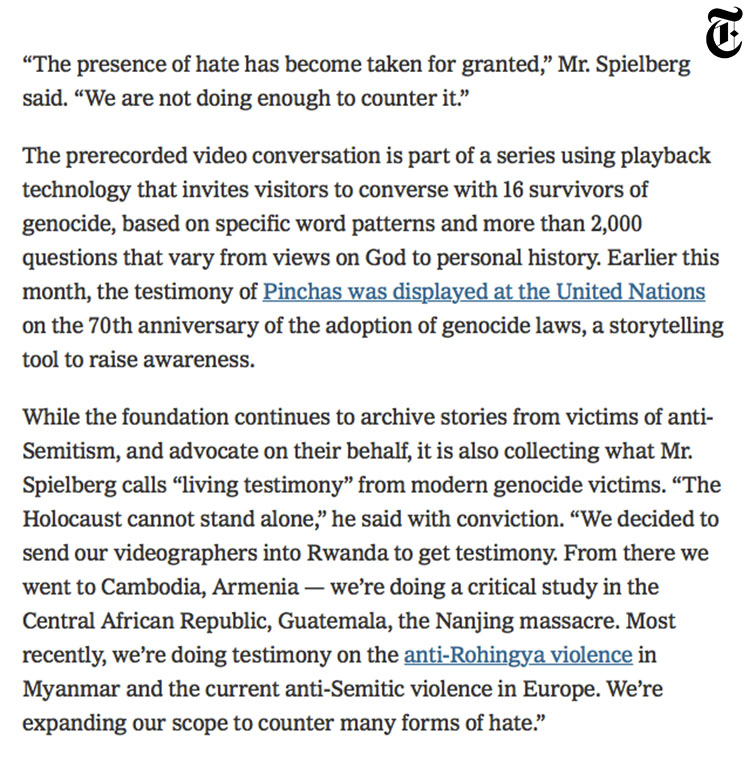 The New York Times, Steven Spielberg on Storytelling’s Power to Fight Hate, 18/12/2018