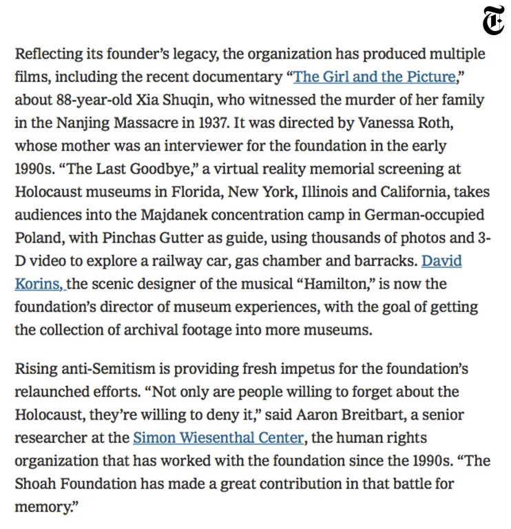 The New York Times, Steven Spielberg on Storytelling’s Power to Fight Hate, 18/12/2018