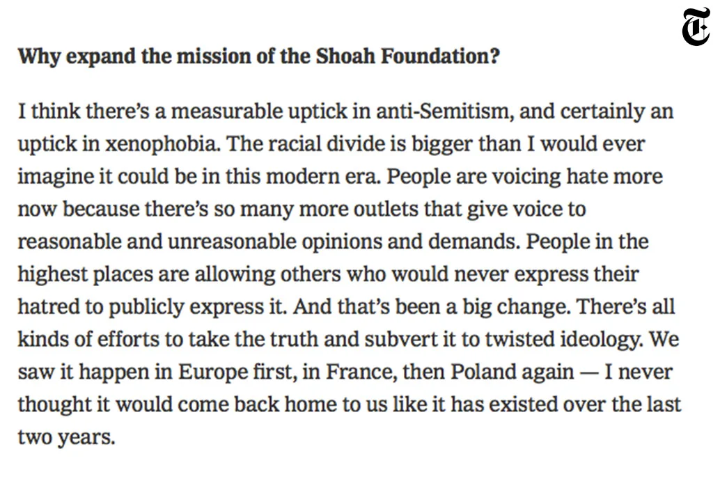 The New York Times, Steven Spielberg on Storytelling’s Power to Fight Hate, 18/12/2018