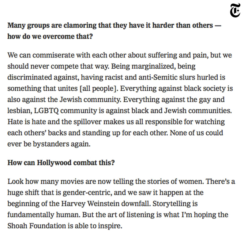 The New York Times, Steven Spielberg on Storytelling’s Power to Fight Hate, 18/12/2018