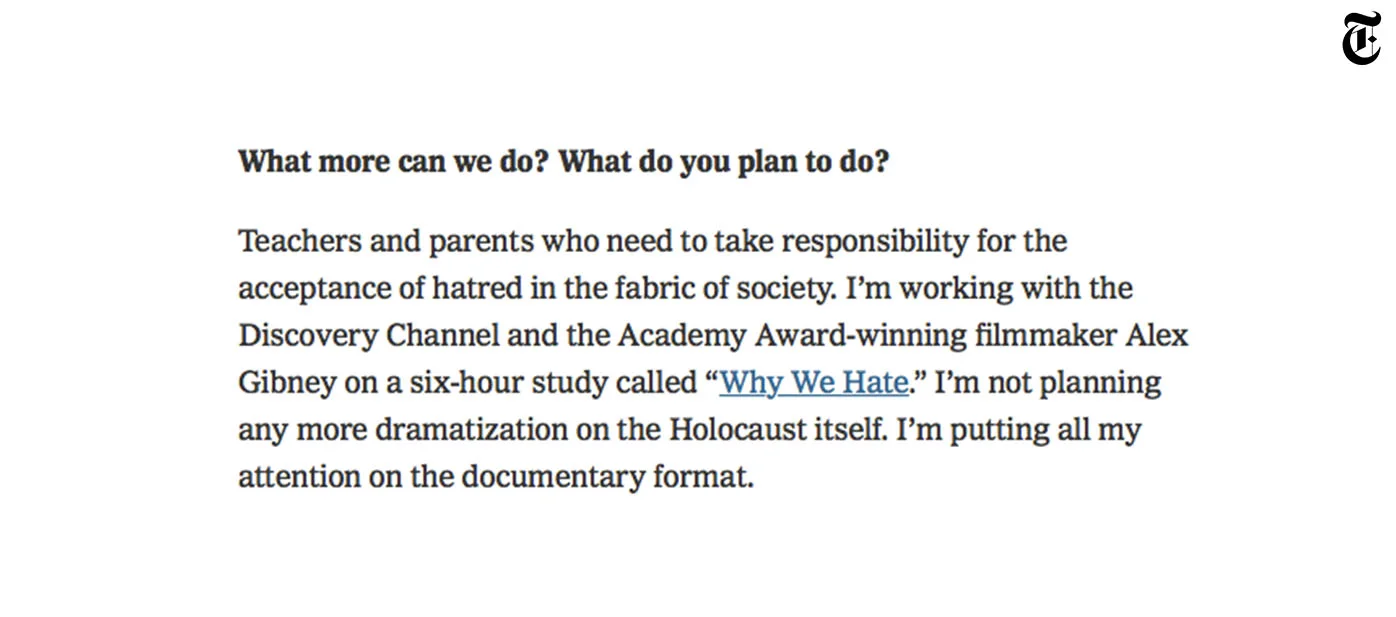 The New York Times, Steven Spielberg on Storytelling’s Power to Fight Hate, 18/12/2018