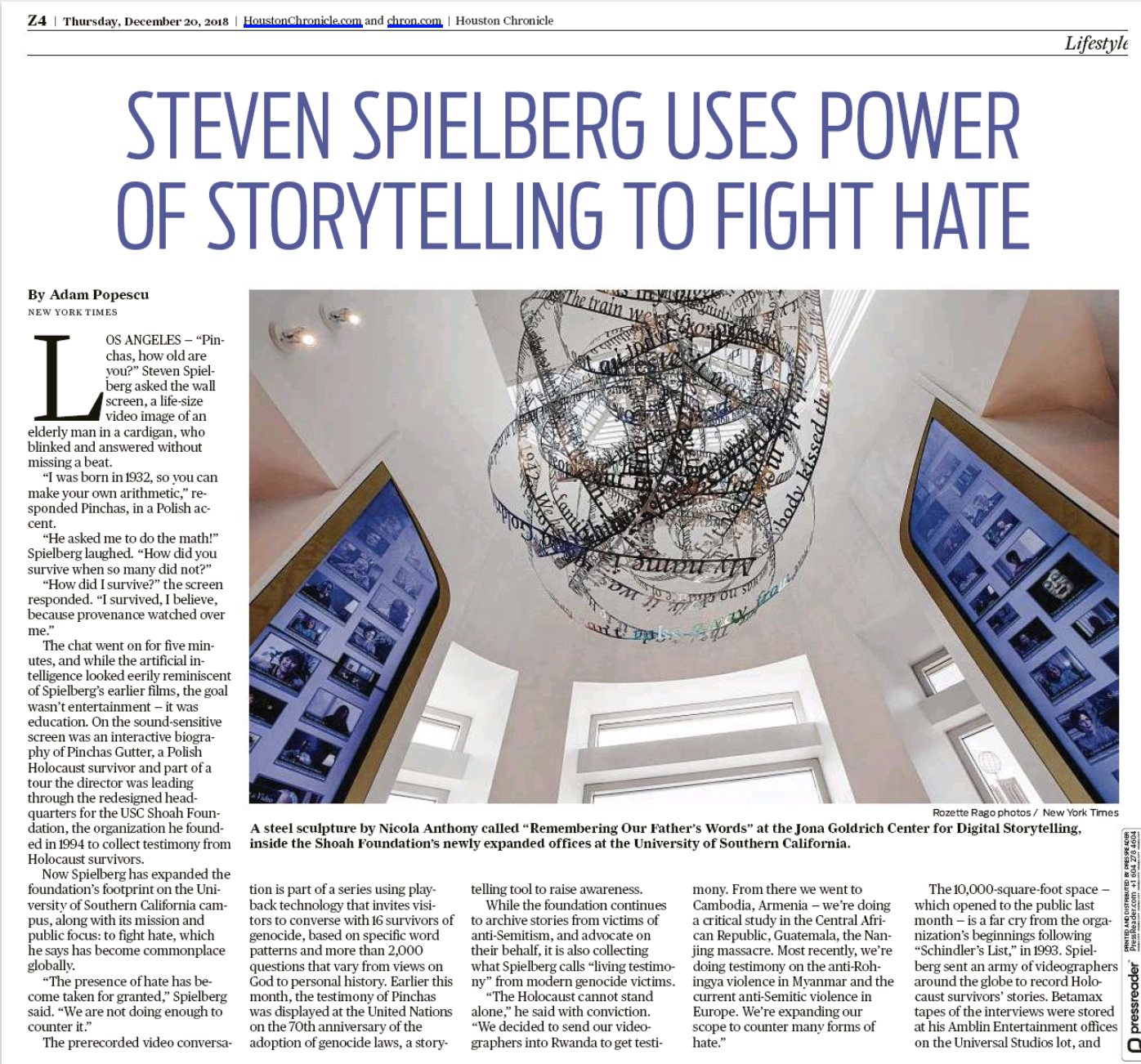 HoustonChronicle_Genocide-Testimonies-Steven-Spielberg-on-storytelling_s-power-to-fight-hate_20_12_18Cover