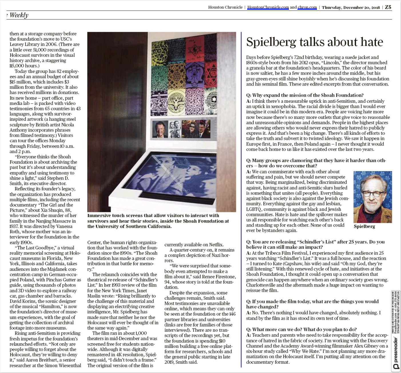 HoustonChronicle_Genocide-Testimonies-Steven-Spielberg-on-storytelling_s-power-to-fight-hate_20_12_18Cover