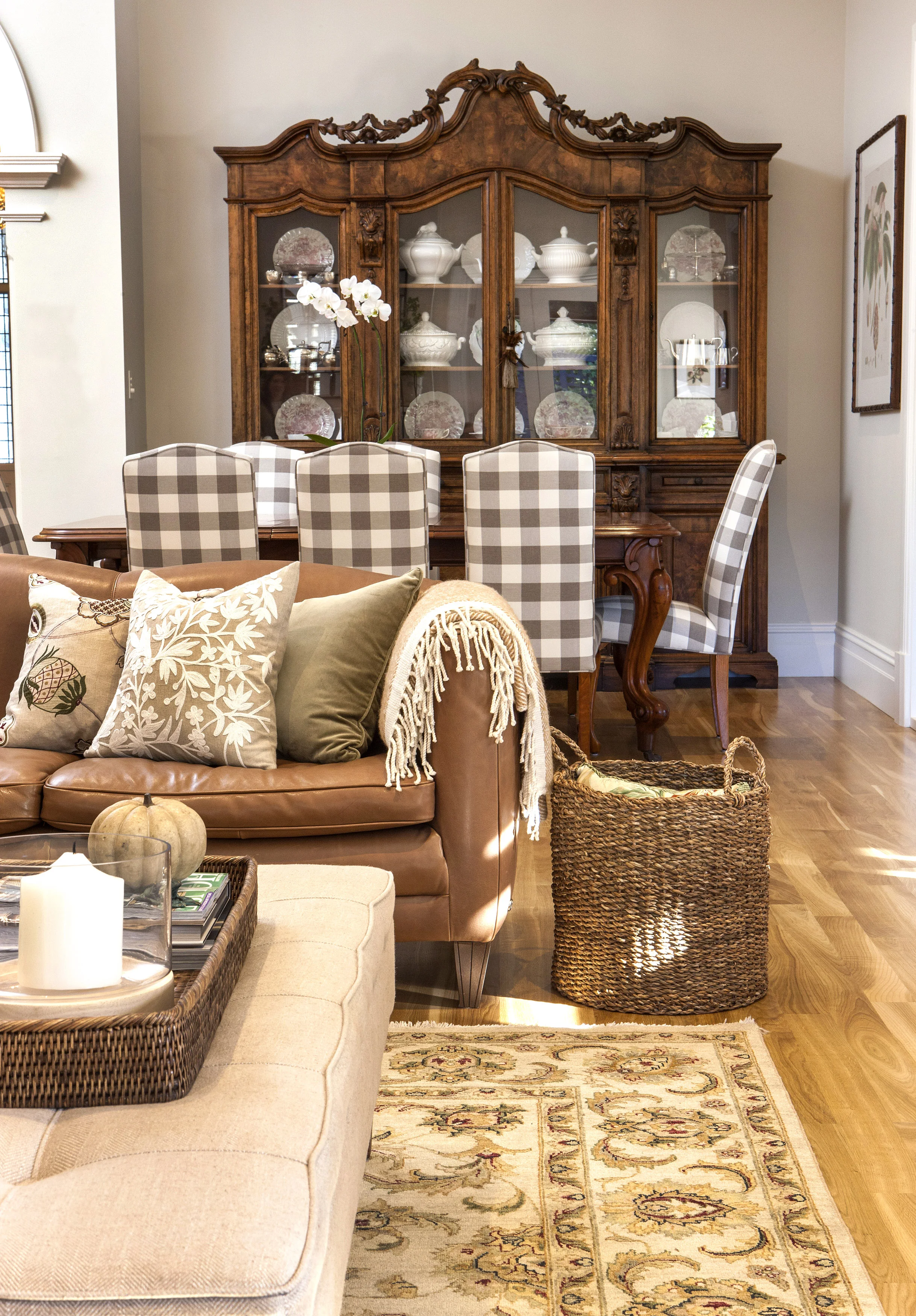 Hawthorn Villa Living Room Dining Room Adelaide Interior Design-French dining firniture-upholstered dining chairs-custom sofas- rug -scatter cushions-designer fabrics