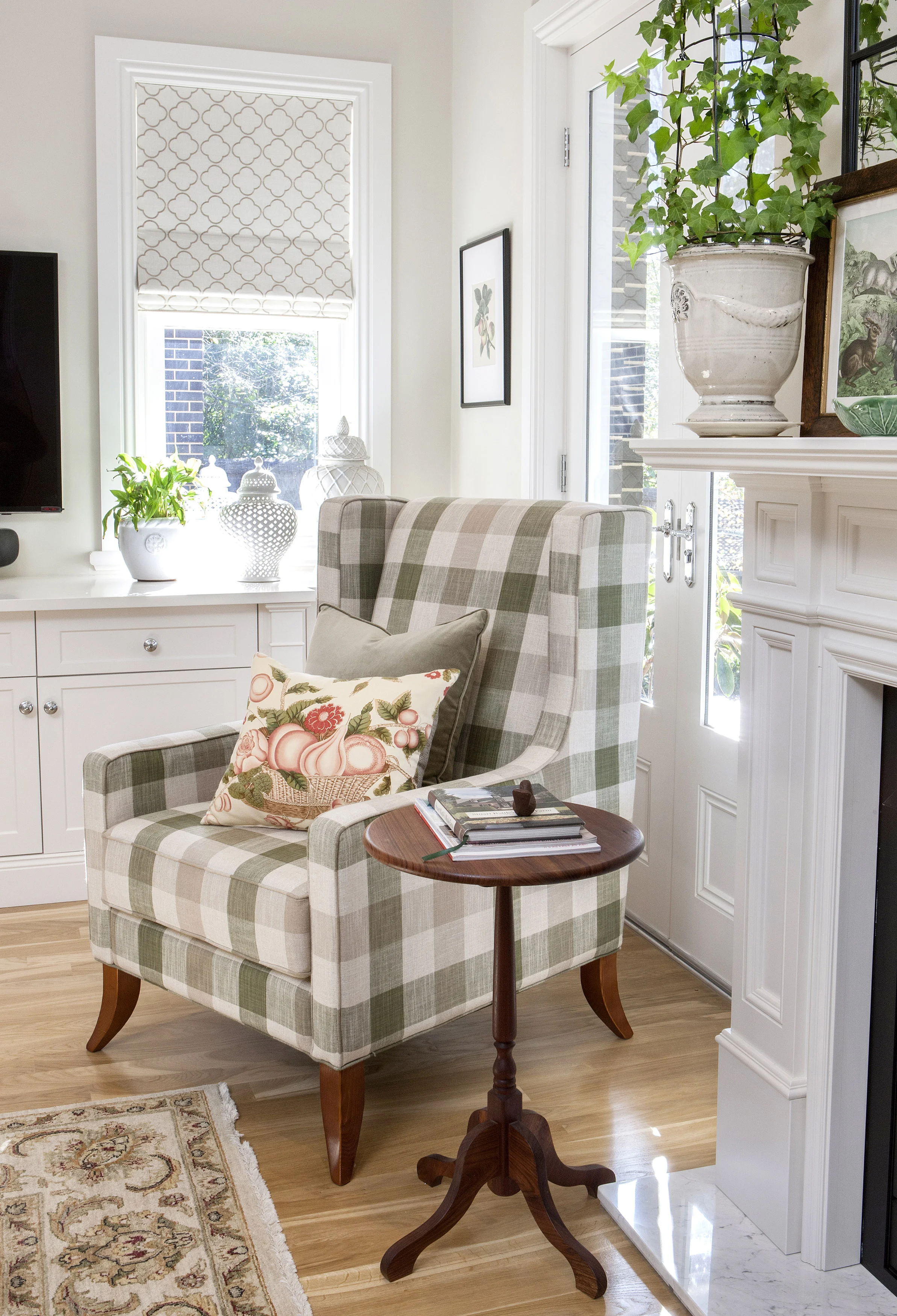 Carrie-Deverson-Interiors-Hawthorn-Villa-Living-Room-Wing-Chair-Ina-Mankin-green-check-fabric-colefax-and-fowler-Kravet-Roman-Blind-Cushions-top-best-Adelaide-Interior-Designer