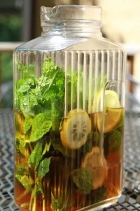 Mint Sun Tea: Simply snip and wash fresh your choice of mint and then pack loosely in a jar. Fill with water and leave in the sun for the day. After 6-8 hours, strain the mint leaves from the tea. Sweeten tea if desired and serve over ice.