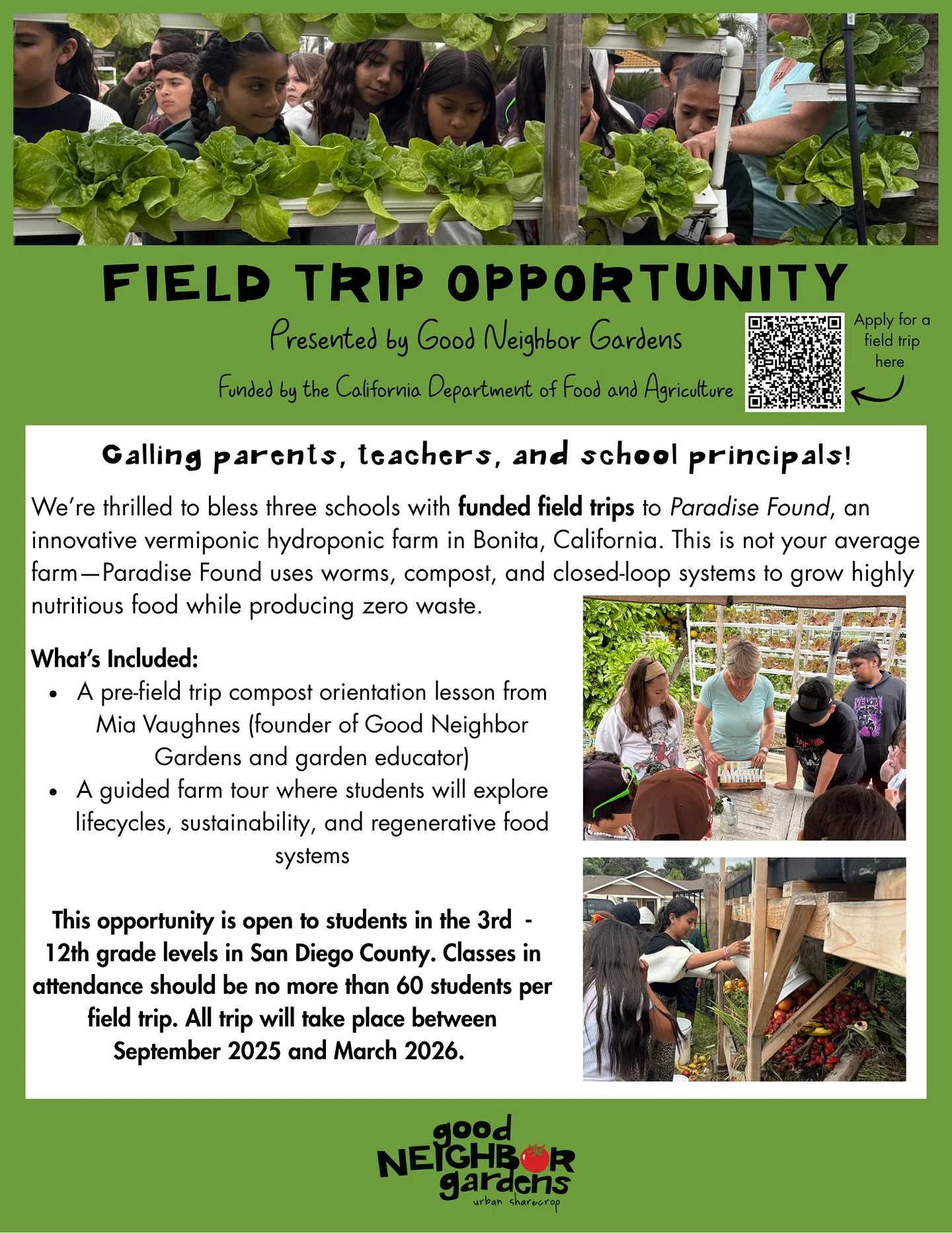 CALLING SAN DIEGO EDUCATORS! We&rsquo;re offering three funded field trips to Paradise Found, an innovative zero-waste hydroponic farm in Bonita, CA 🌱 Students will experience firsthand the magic of compost, worms, and regenerative growing systems.
