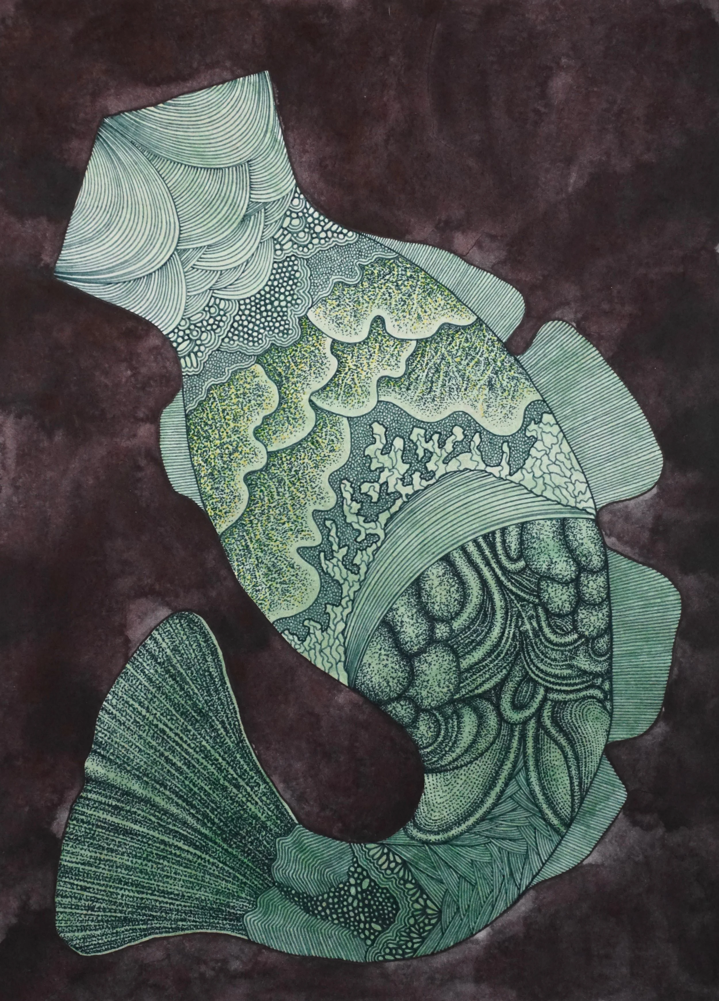 Ichthyoid 12. Watercolor and Pen on Paper 10”X 14” 2019