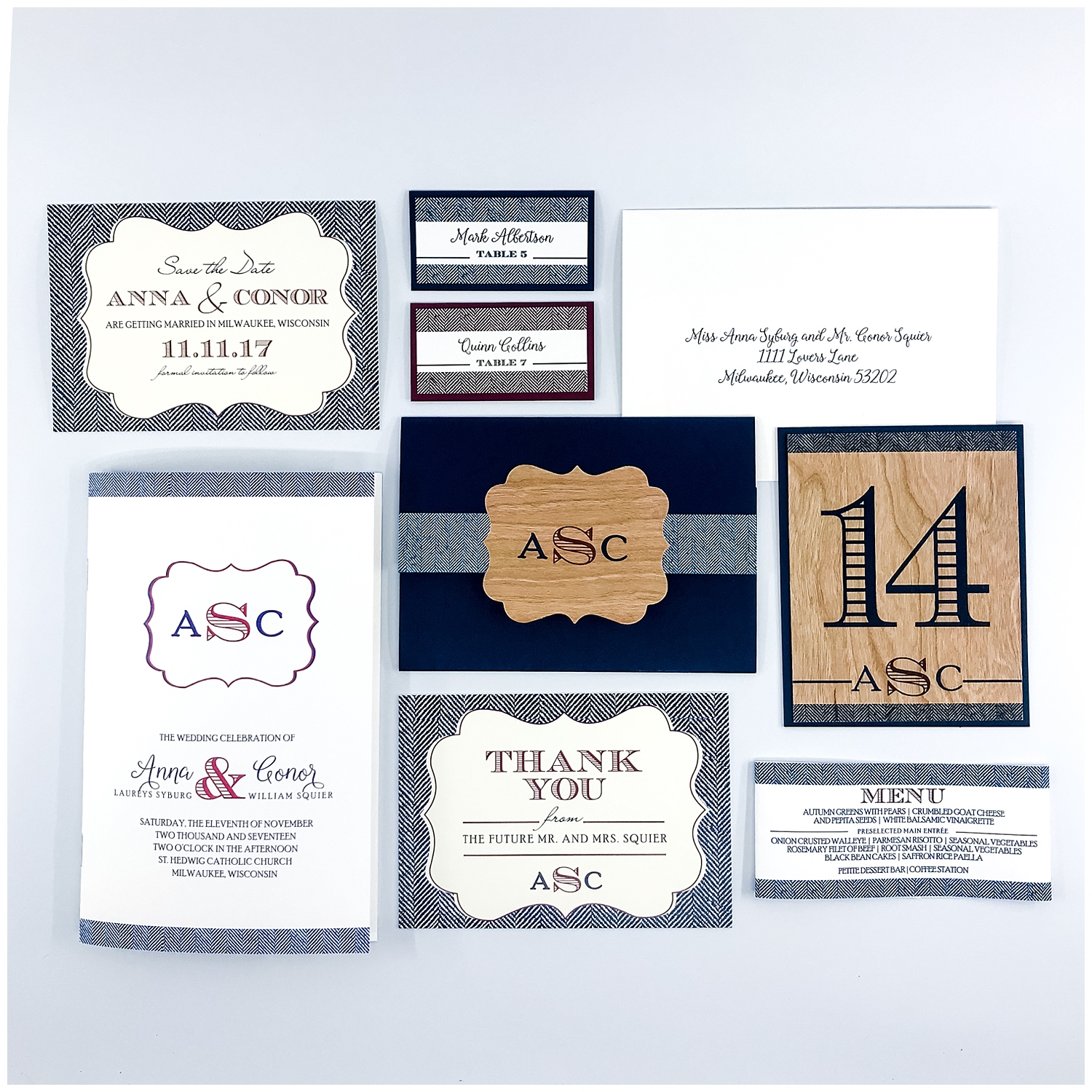 This couple stayed consistent with their design elements and materials used. They wanted something a little modern yet the wood paper gives it a rustic feel. You can see how the same fonts, consistent monogram and tweed pattern are carried through in all the pieces.