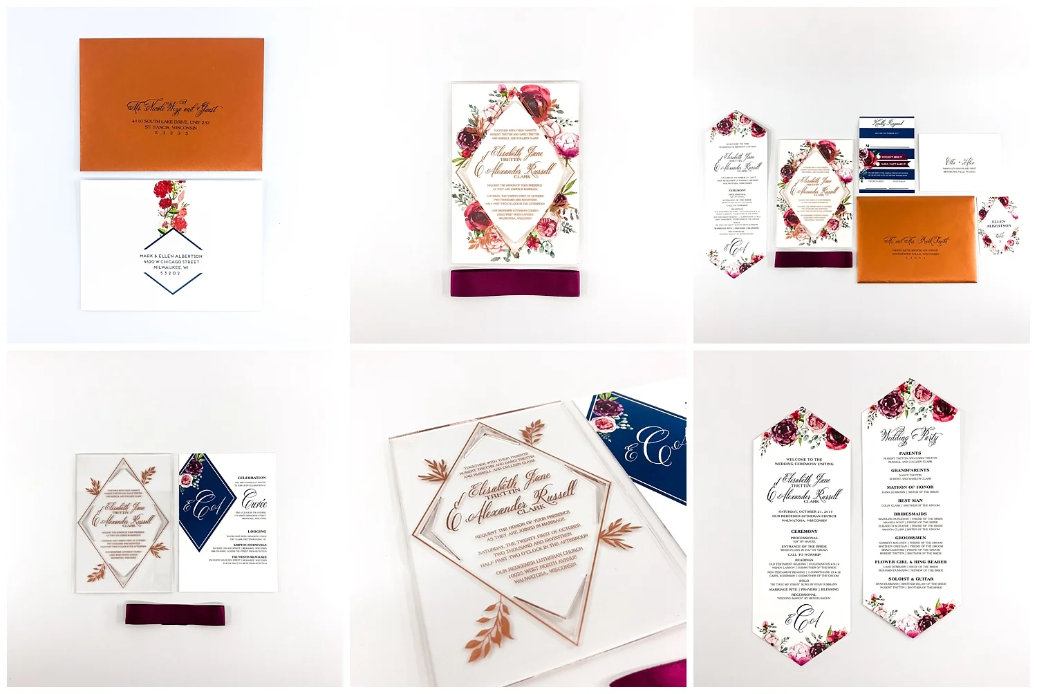 This unique set mixes geometric + florals to have a soft and hard element. We letterpressed in copper on acrylic for the invitation which already gives guest the expectation that this wedding will be elegant and well thought out. It heightens the excitement to touch and feel something so different! 