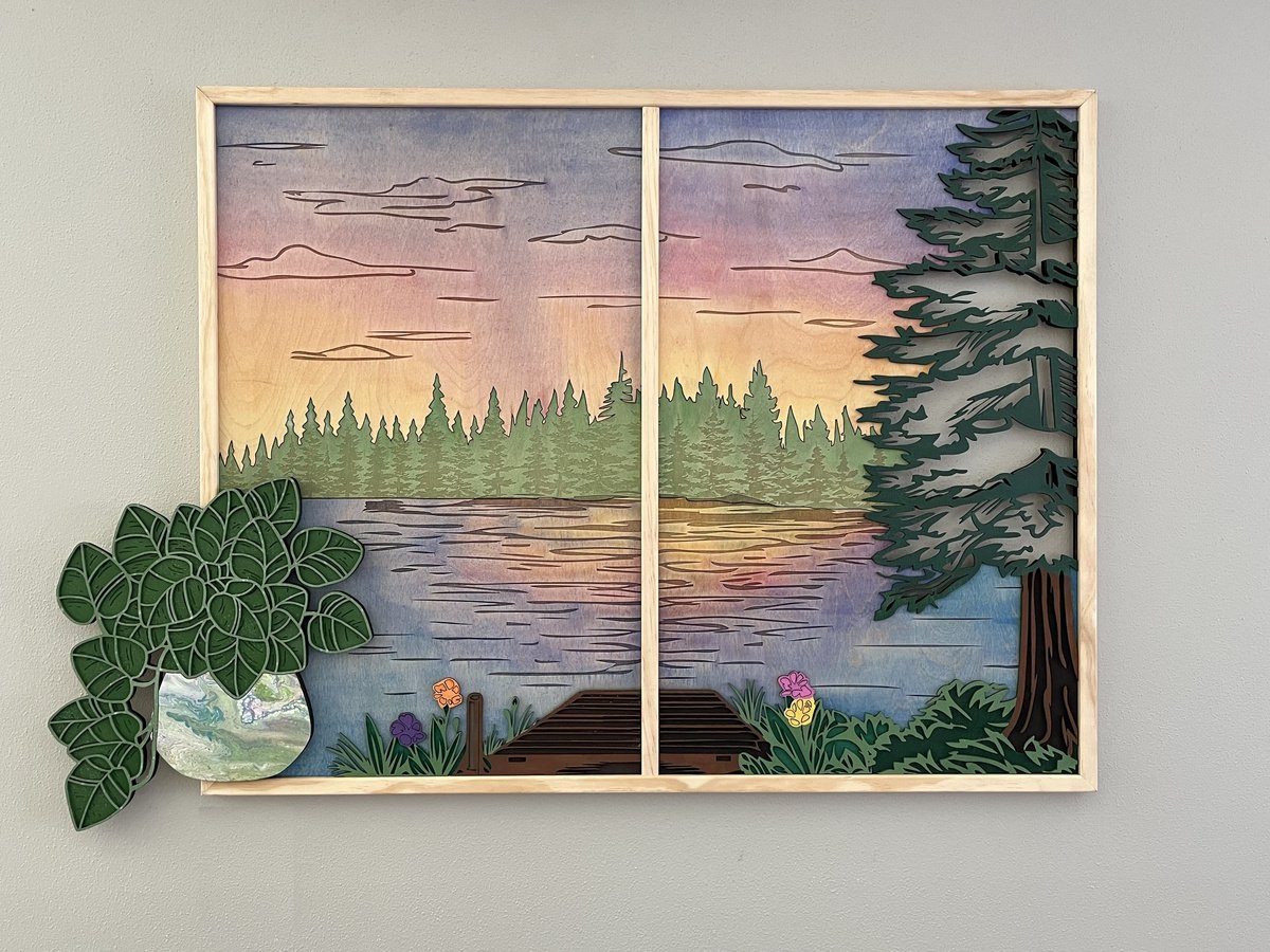 We are 🤩 over this Up North Window View piece that we were commissioned to create this month! We love the beautiful colors and the dimension of the lasercut wood foliage, and how it all immediately  transports us to a peaceful, up north getaway 🌅

