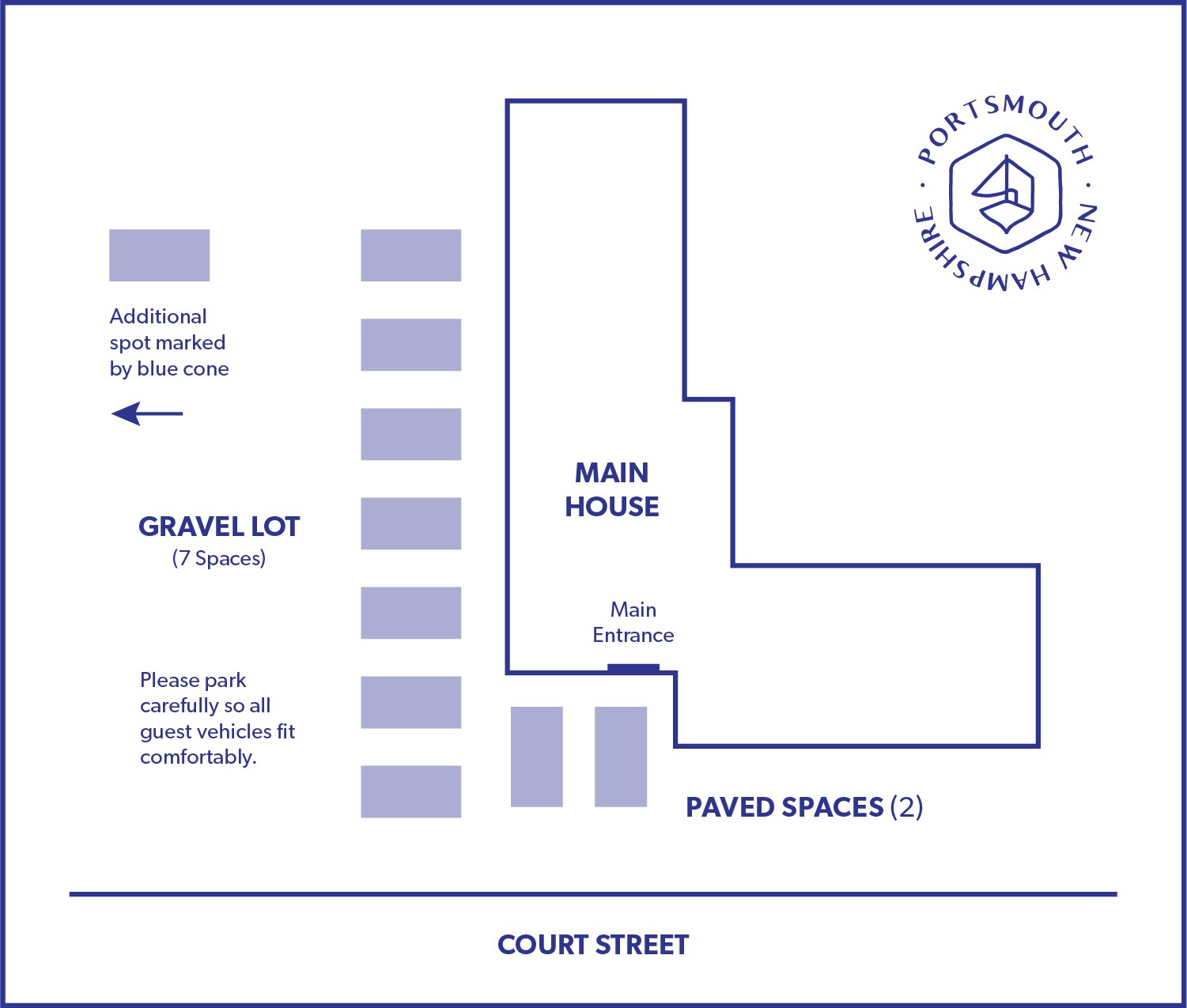 Illustrated parking map for The Sailmaker’s House in Portsmouth, New Hampshire showing gravel lot parking, paved guest parking spaces, main entrance, and Court Street orientation.