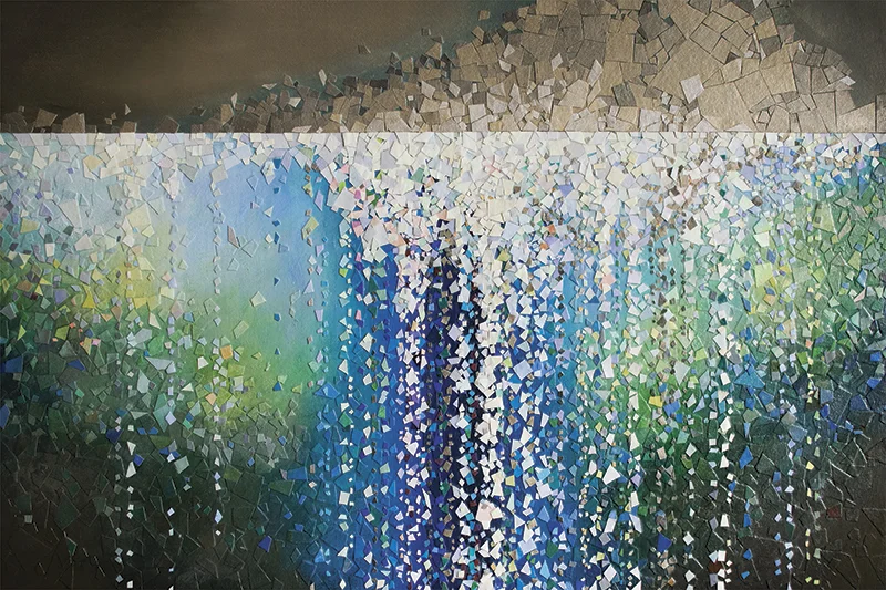 Regeneration by Tomo Mori; 24” x 36” acrylic canvas on canvas collage