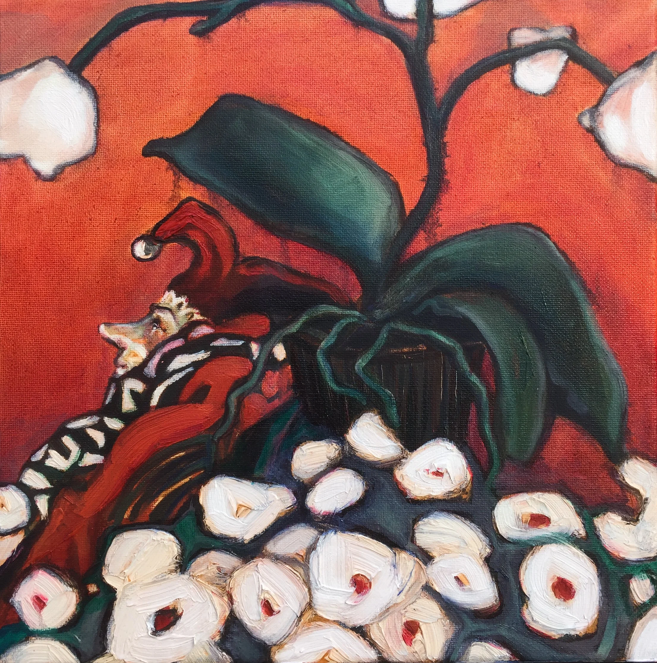 Jester with Violets and Orchids (12"x12") oil on canvas