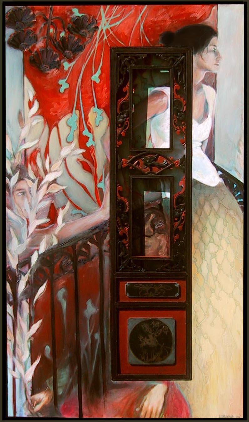 Chinese Screen (40"x80") Oil on Canvas with Antique Wooden Chinese Screen