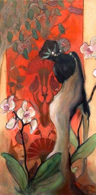Nouveau Statue with Orchids (24"x48") Oil on Canvas