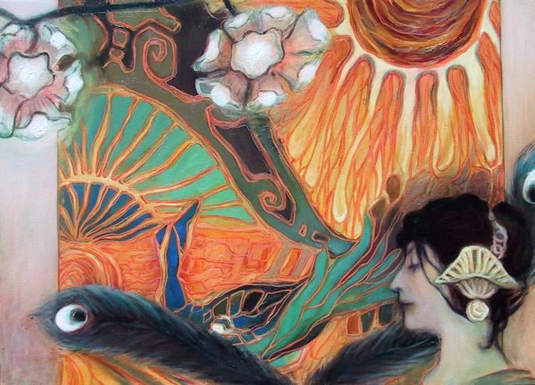 Tapestry with Peacock Feathers (36"x48") Oil on Canvas