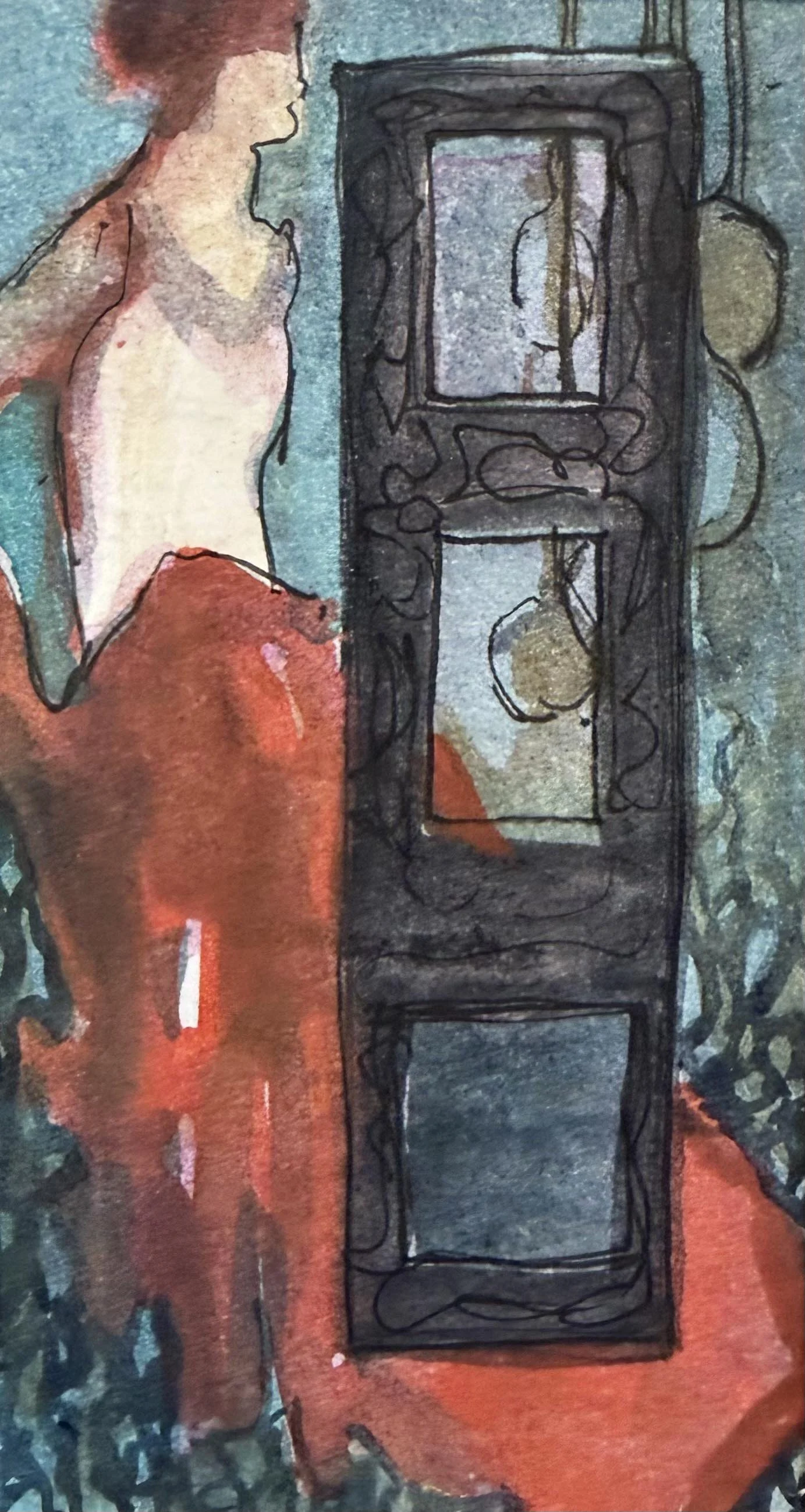 Chinese Screen Sketch (2.5” x 4.5”) Watercolor on Paper with Ink