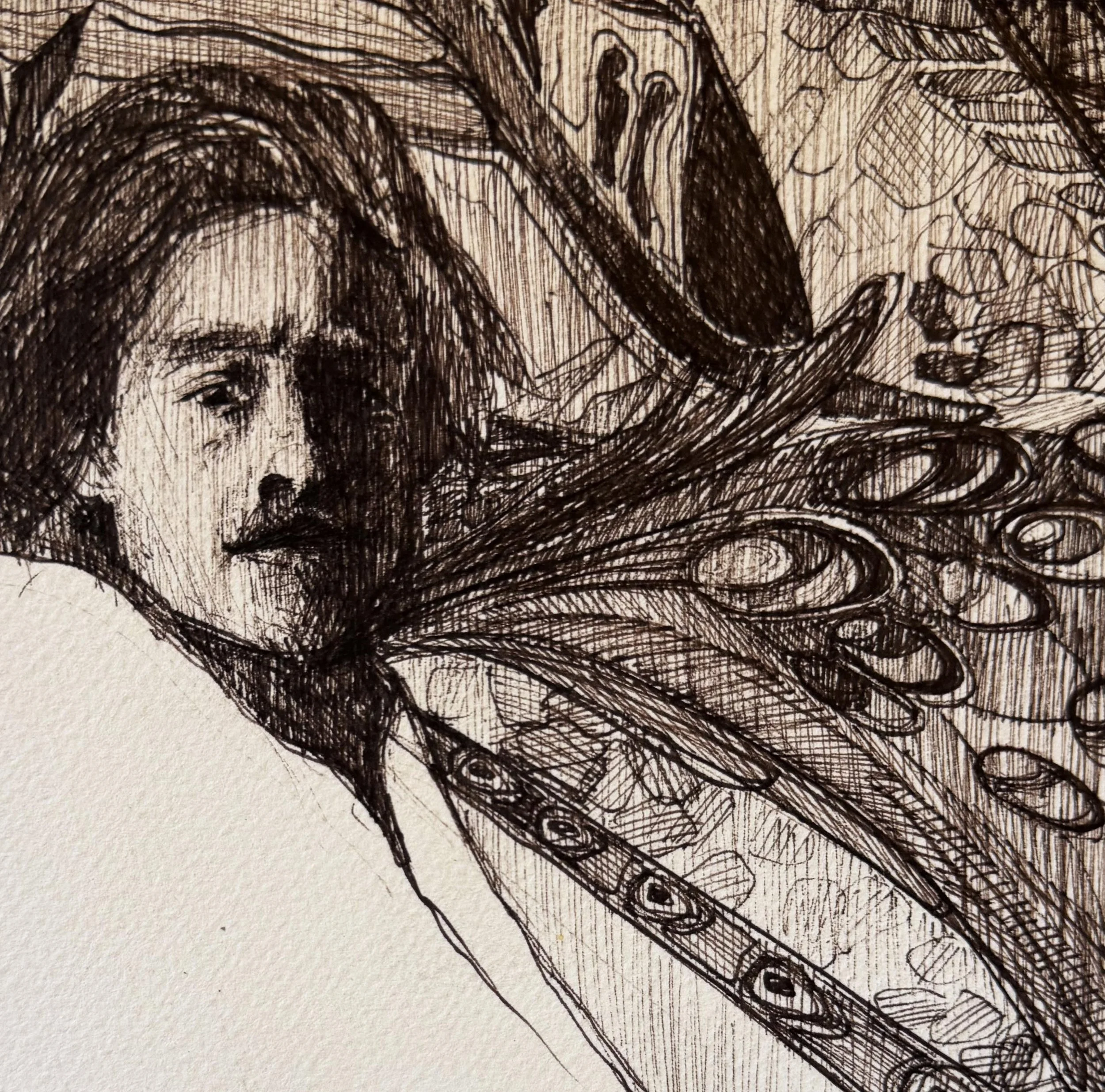 Rembrandt with Feathers (6” x 5.5”) Ink on Watercolor Paper