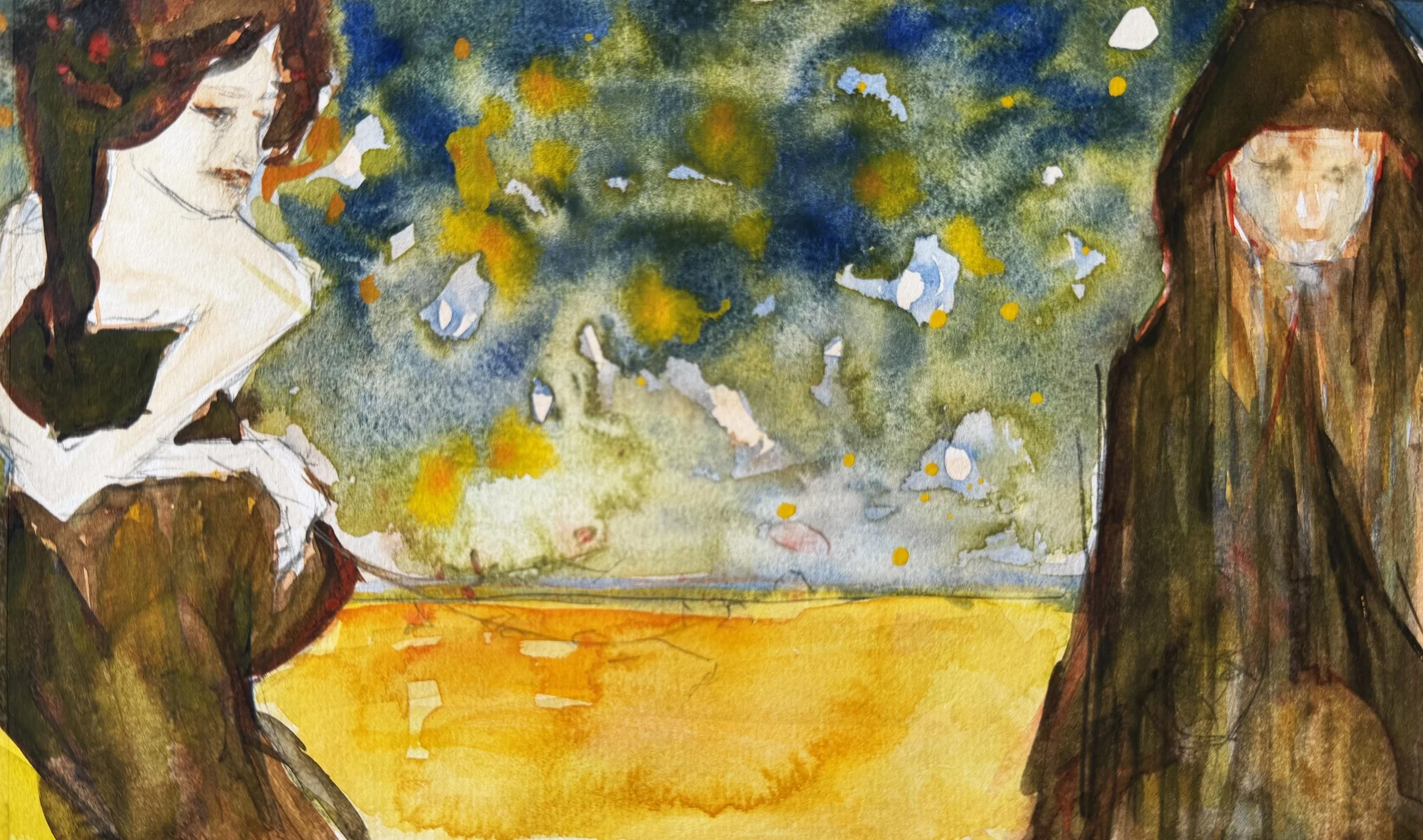 Where are we Now? (8.5x5)  Watercolor on Paper