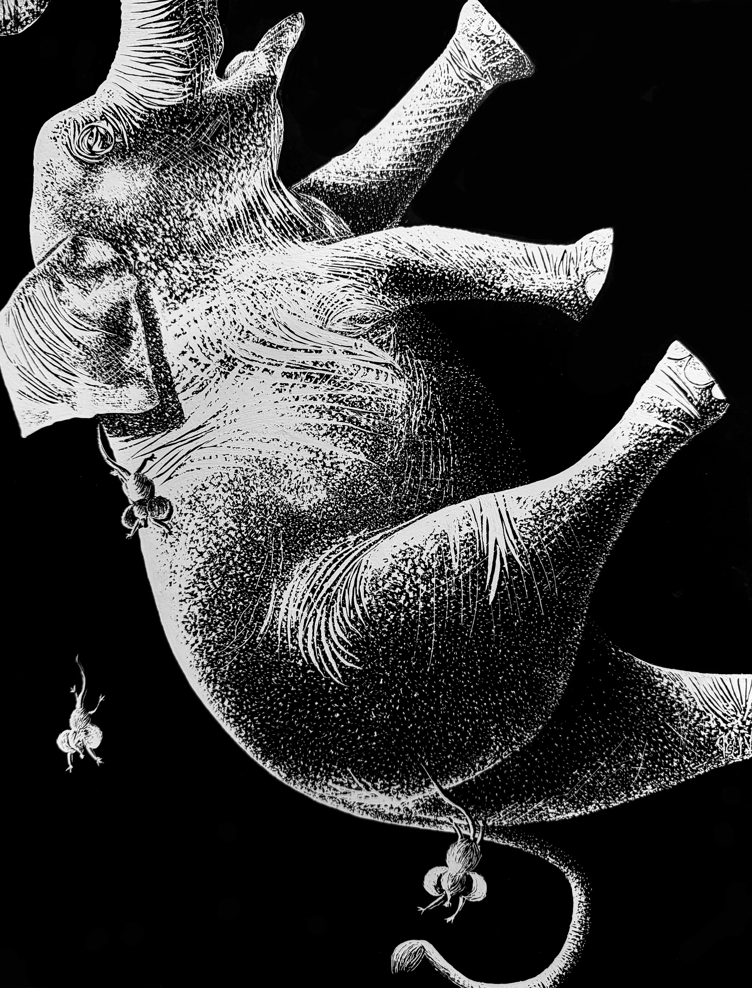 Elephant and Mice (9 7/8”x13”) Scratchboard 