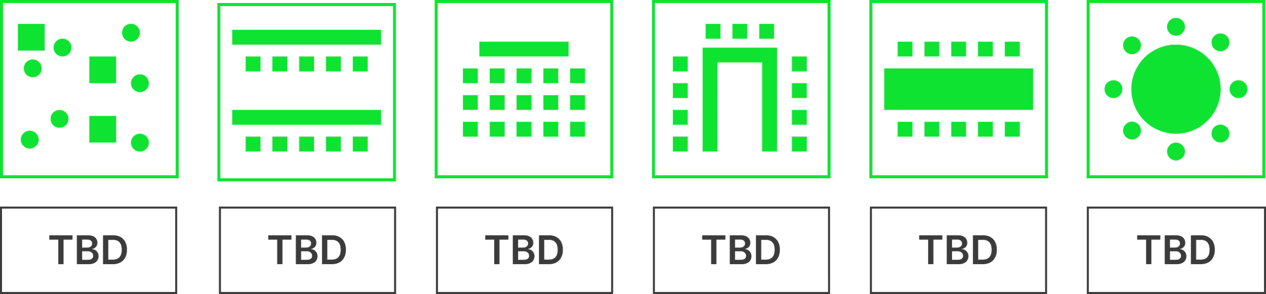 Sechs grüne Symbole, die verschiedene Layouts darstellen, auf schwarzem Hintergrund mit der Bezeichnung „TBD“ darunter.