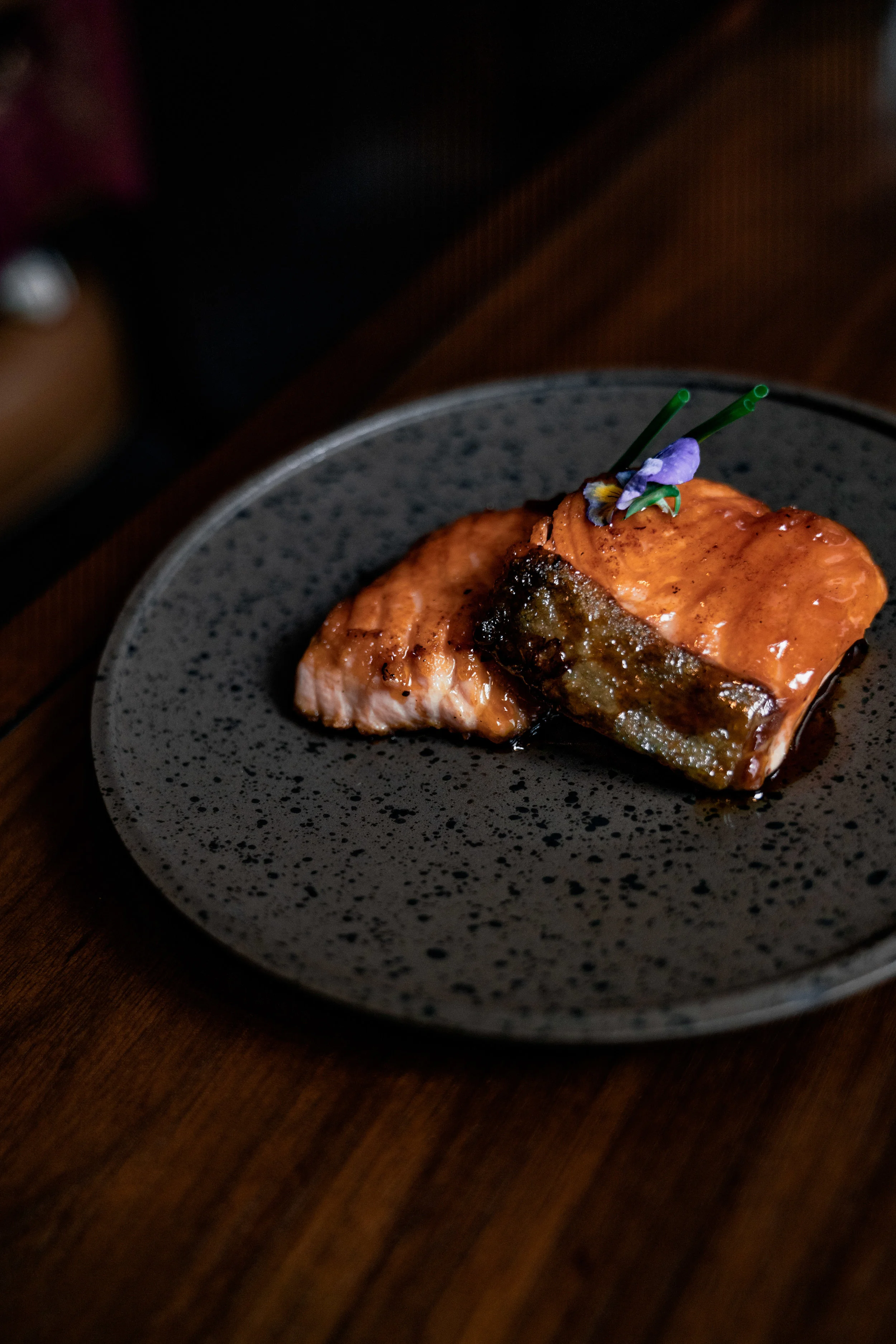 Pan fried fillet of Norwegian salmon in yuzu teriyaki sauce