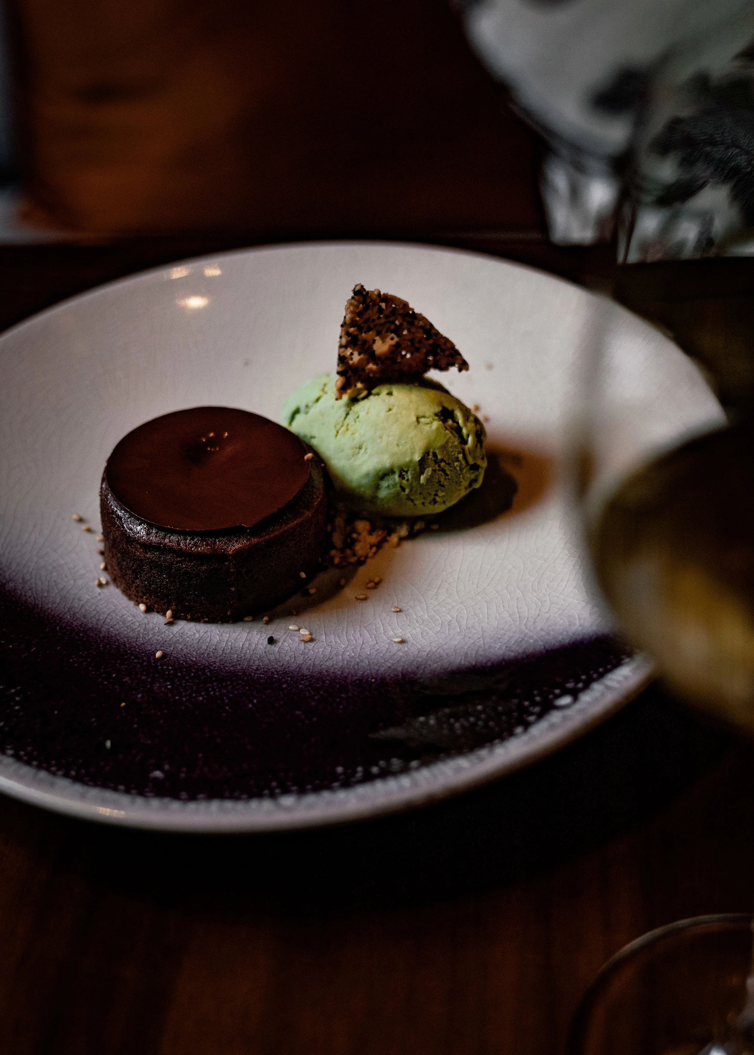 Chocolate moelleux with matcha ice cream