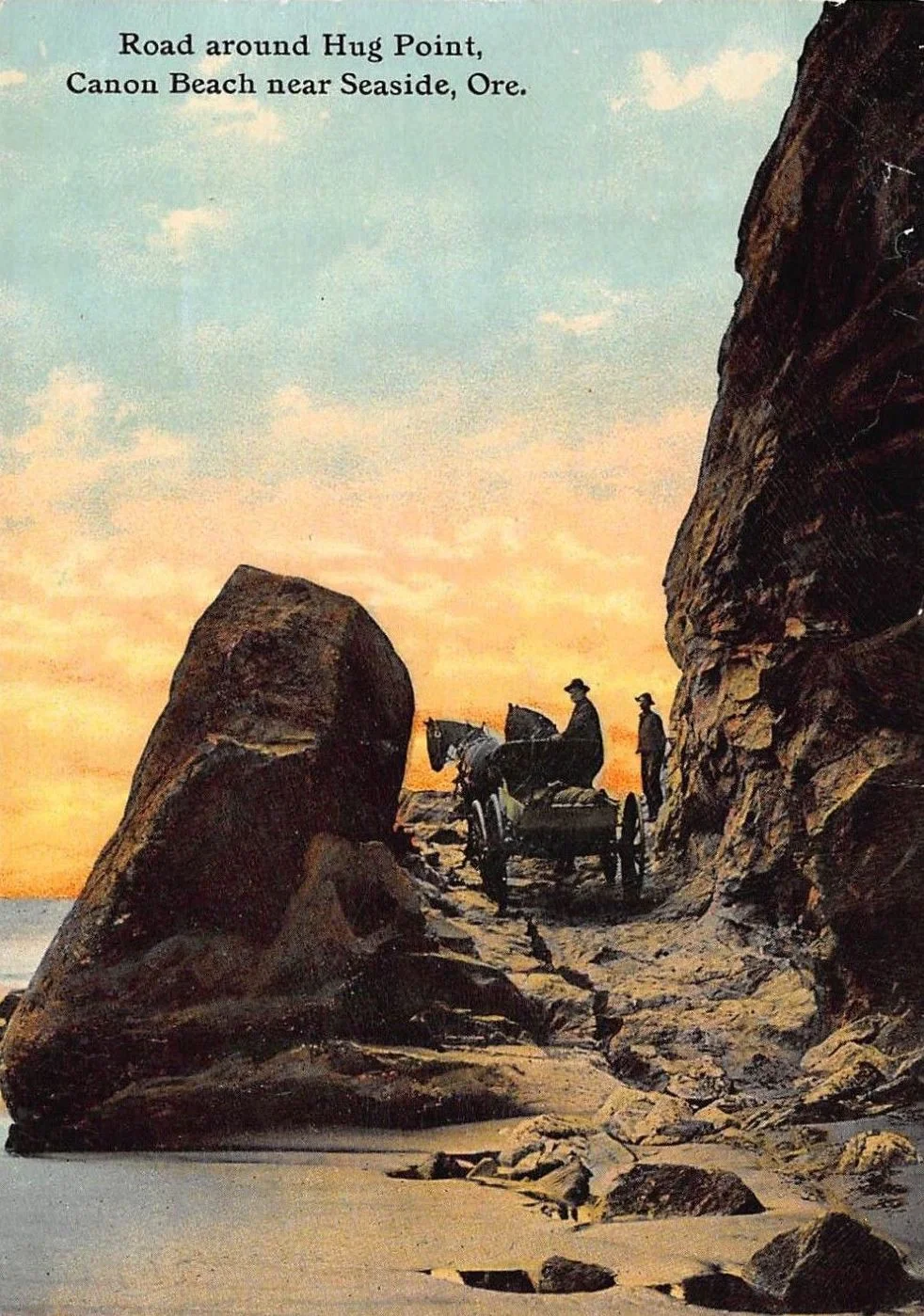 An early 1900 postcard of the old road blasted into the rock at Hug Point