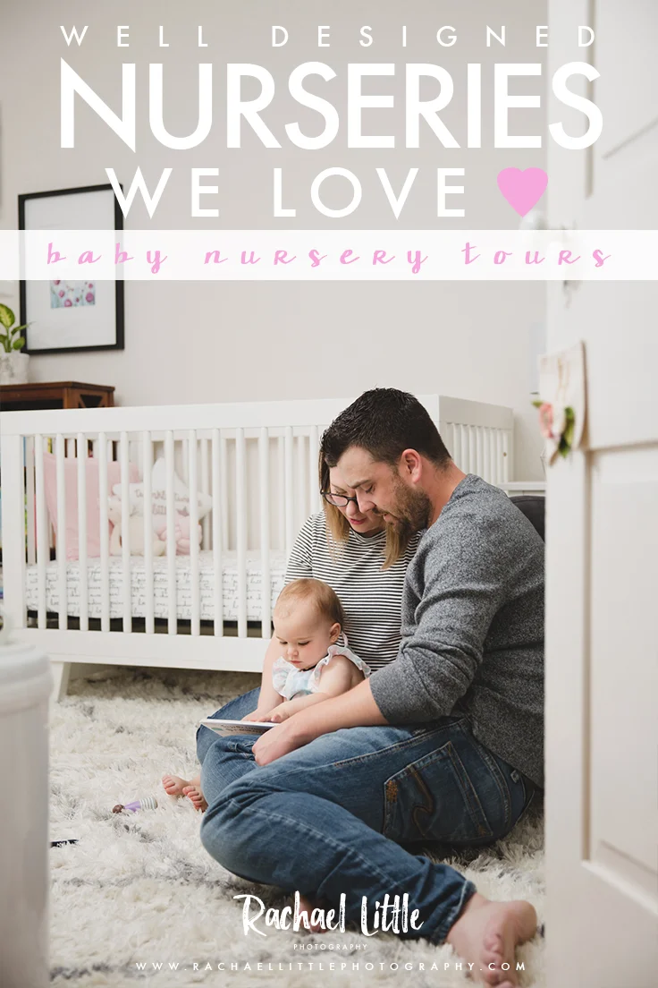 Photograph of a mom with her baby in a pink and white girls baby nursery, designed by Stylish Jaclyn Harper Colville. Features Nestled by Snuggle Bugz furniture, wallpaper decal from Rocky Mountain Decals. Photographed by Rachael Little Photography near Burlington, Ontario. 