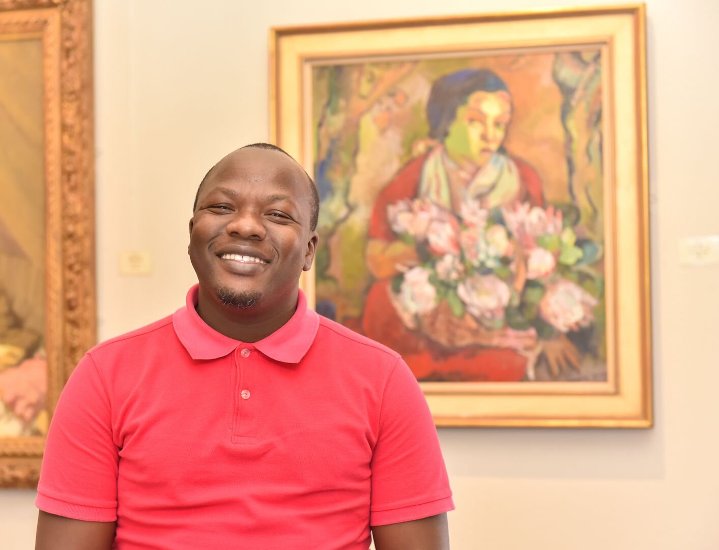 Phumlani Ntshangase with his choice: Irma Stern,  Flower Seller , oil on canvas