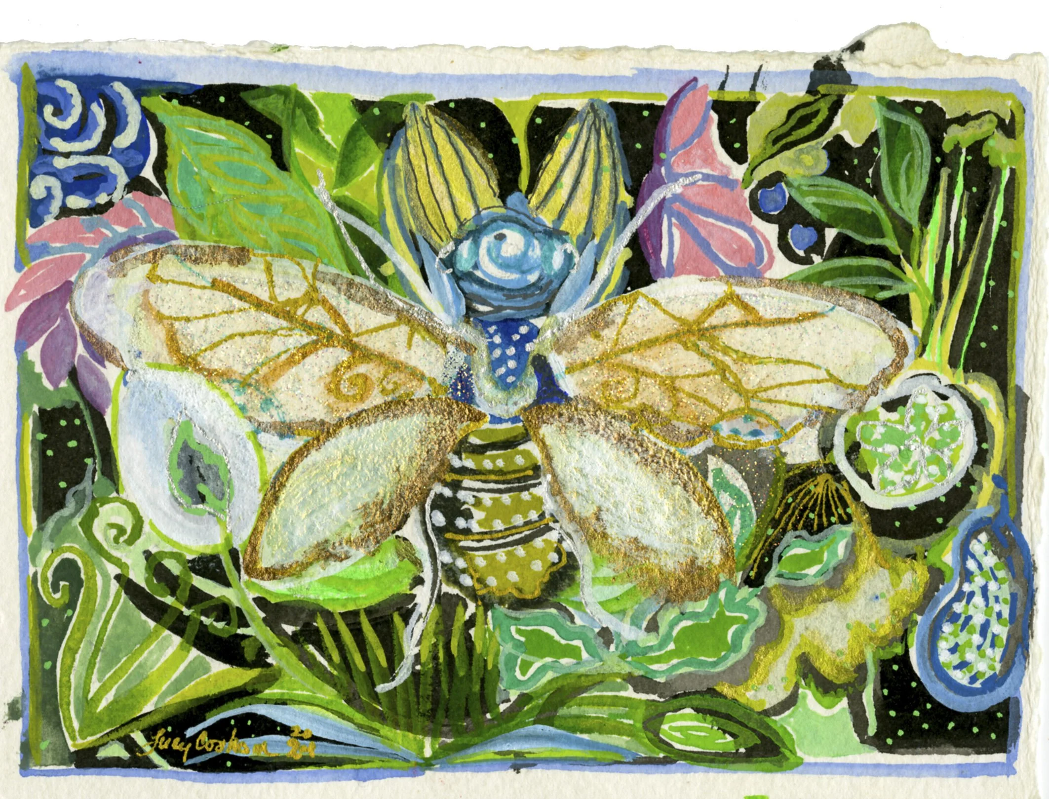 Small Golden Moth, 2024, Watercolor,  gouache, multimedia, on paper, 5 x 7 inches