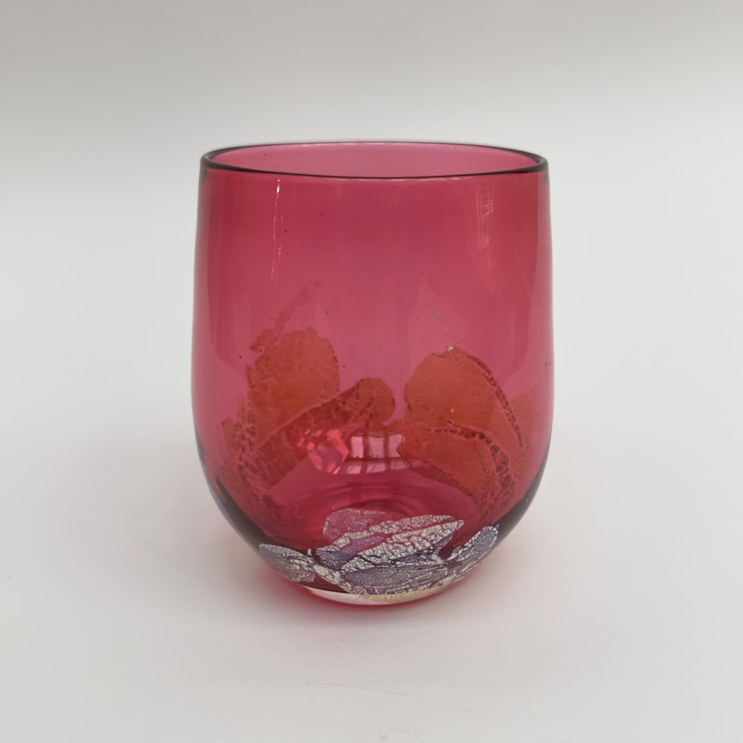 John Shoemaker: Pink Stemless Wine Glass with Silver Leaf, JCS108