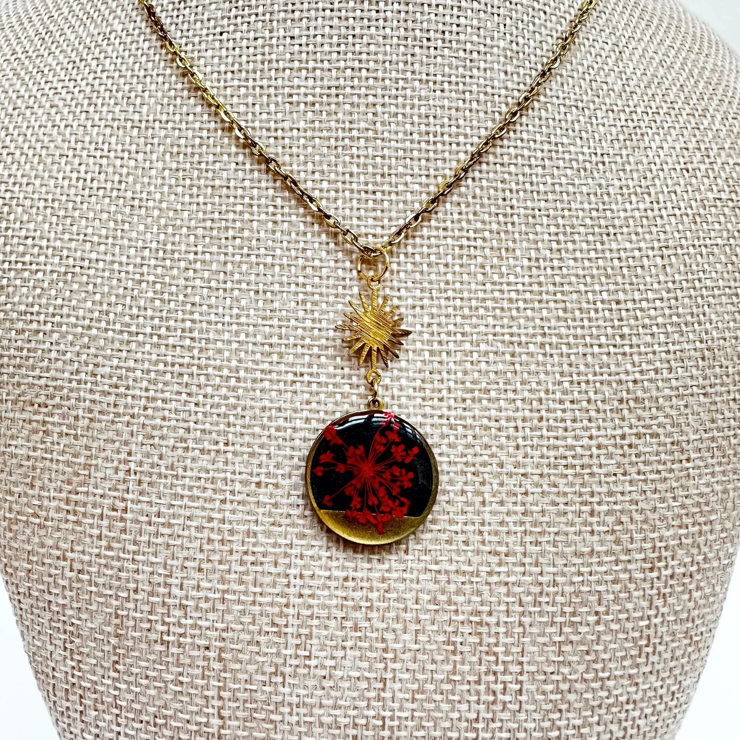 Ankita Shah: Necklace: Red Queen Annes Lace Flower with Sunburst connector, AKS63