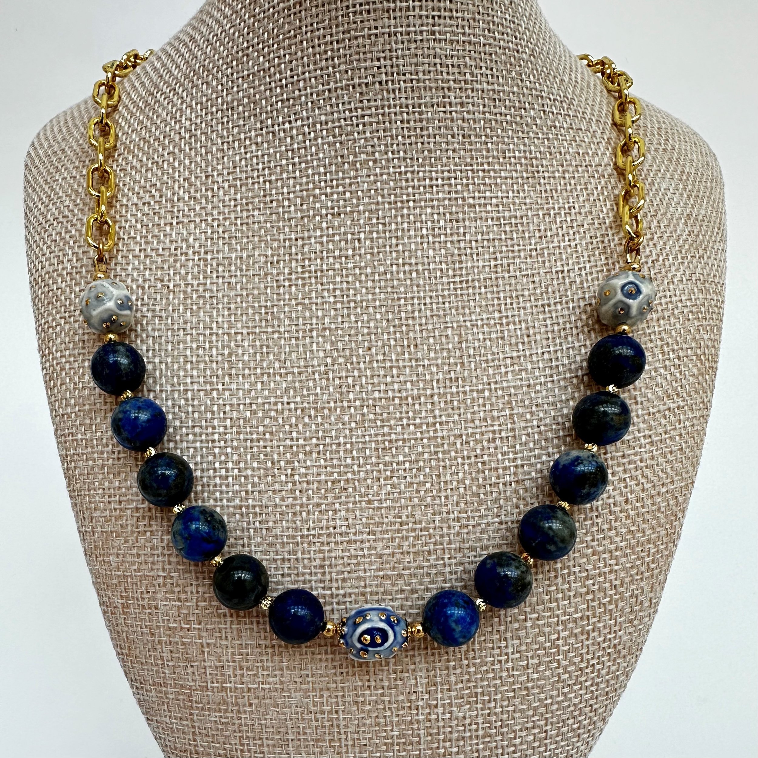 Maria Bruckman: Sodalite Necklace with Porcelain Beads, MB257