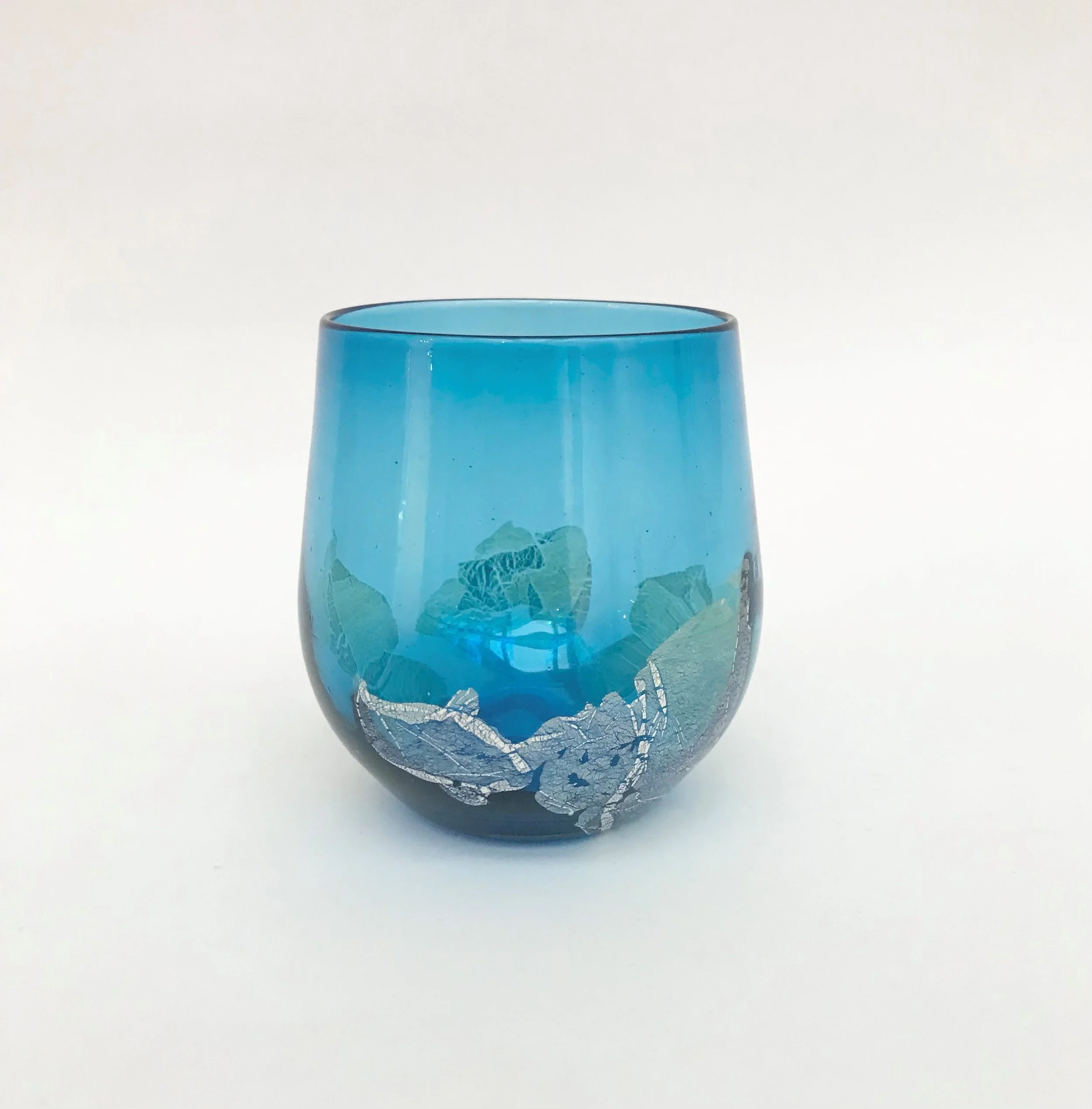 John Shoemaker: Aqua Stemless Wine Glass with Silver Leaf, JCS137