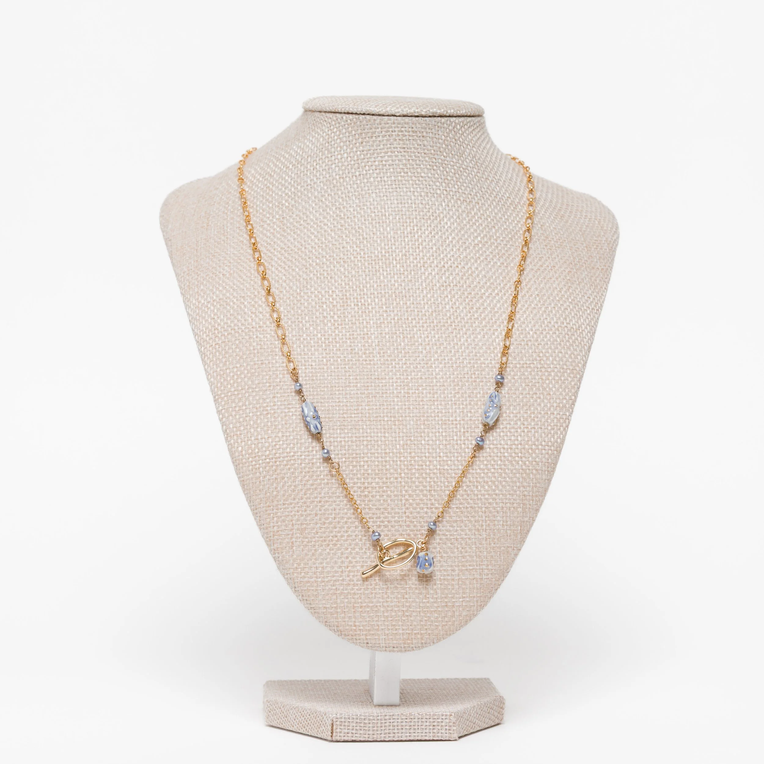 Maria Bruckman: Blue Necklace with Porcelain Bead and Blue Pearl, MB284