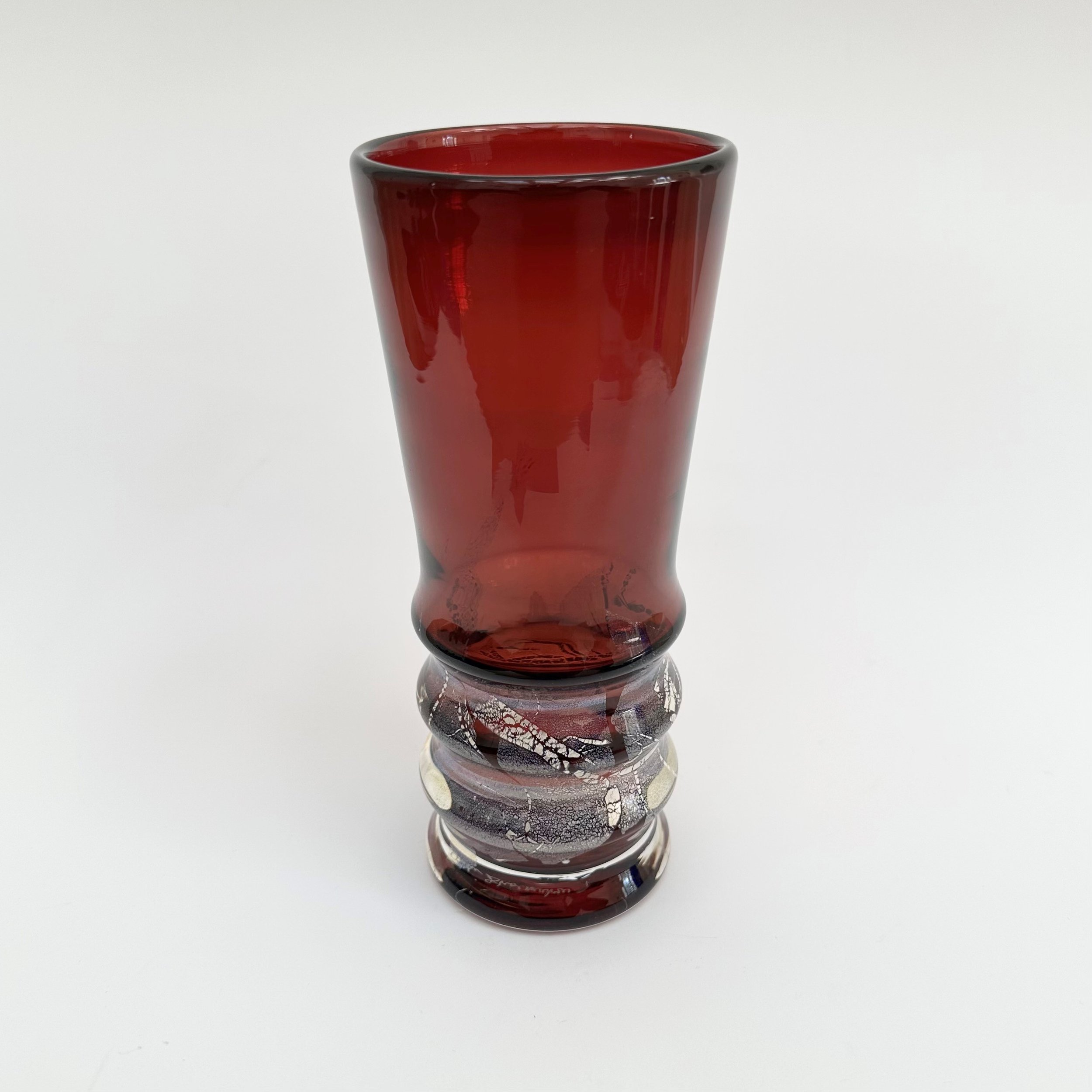John Shoemaker: Ruby Red Tall Glass/Vase with Silver Leaf, JCS118