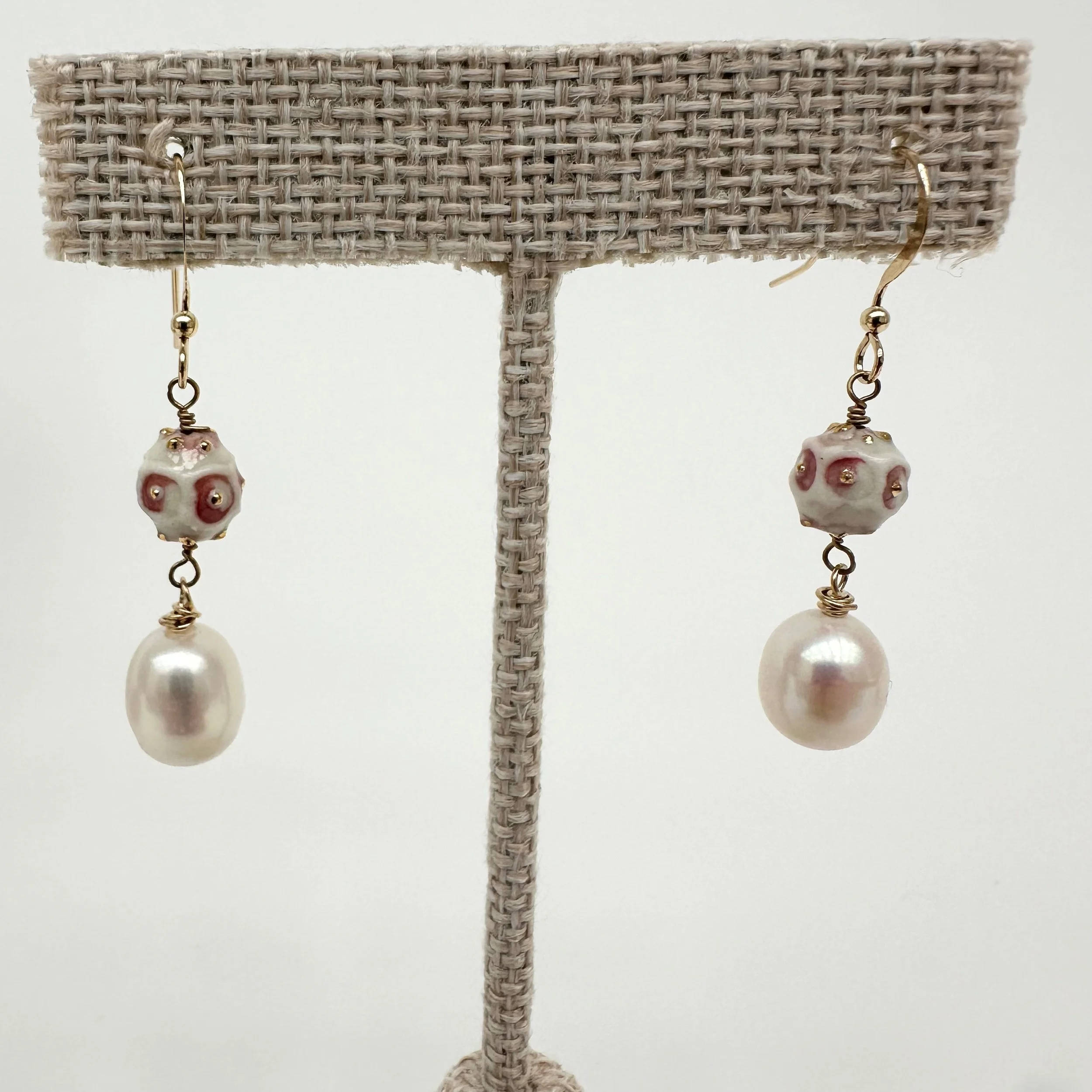 Maria Bruckman: Drop Earrings with Pearls and Pink Beads, MB263