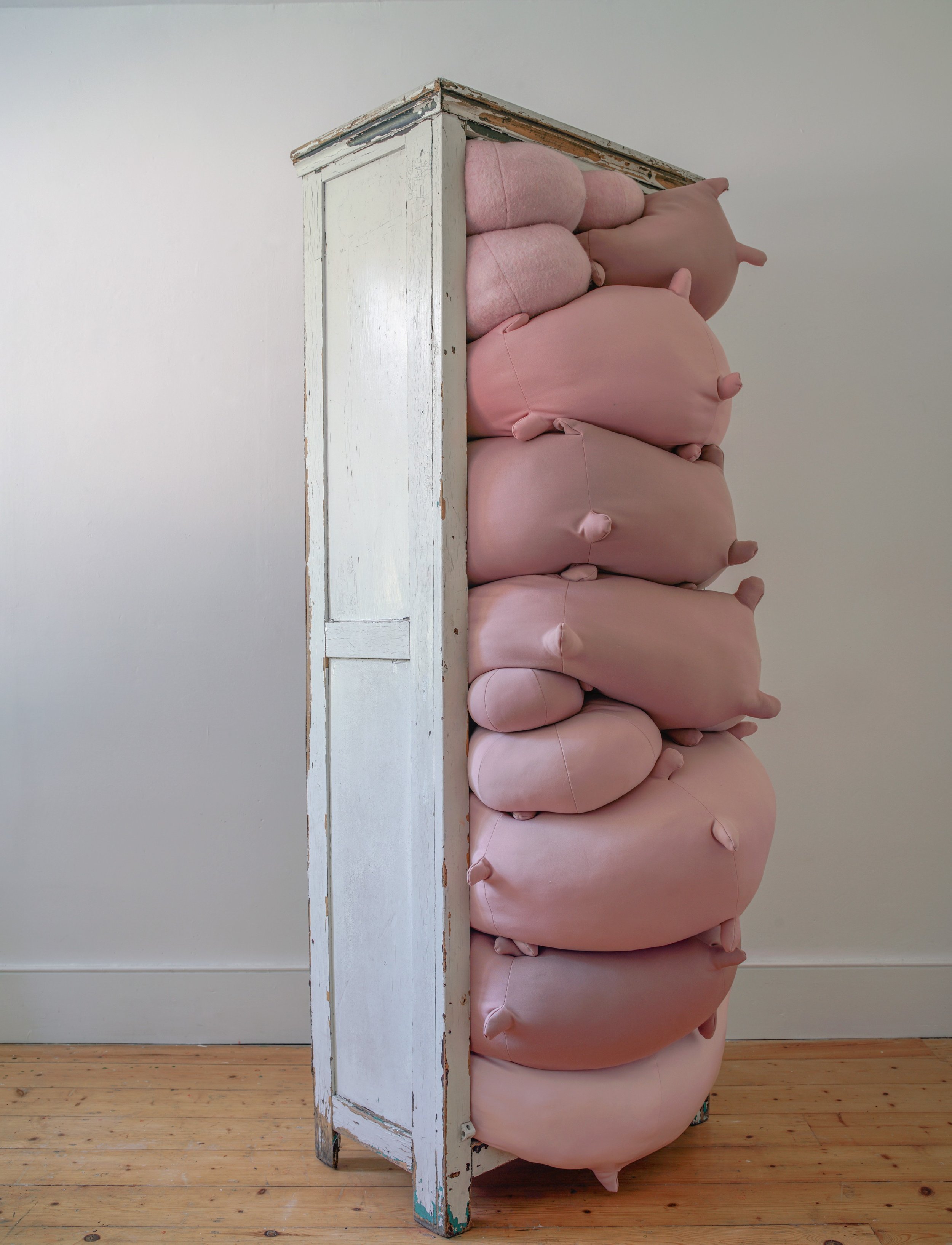  Just one more little squeeze please Louise, 2022     Installation of found wooden cupboard, scuba, boiled wool, fleece, recycled fibrefill, repurposed fabric and foam scrap, graphite and carbon paper transfer,  approximately 178 x 67 x 50cm 