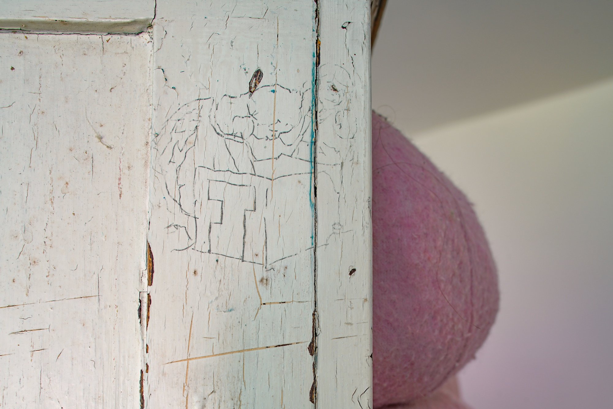  Just one more little squeeze please Louise  (detail shot), 2022   Installation of found wooden cupboard, scuba, boiled wool, fleece, recycled fibrefill, repurposed fabric and foam scrap, graphite and carbon paper transfer,  approximately 178 x 67 x 