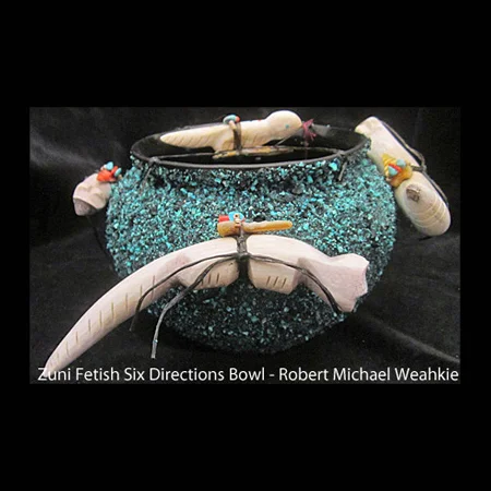 PN27 Zuni Robert Michael Weahkee fetish bowl, crushed sodalite exterior,  6 antler fetishes