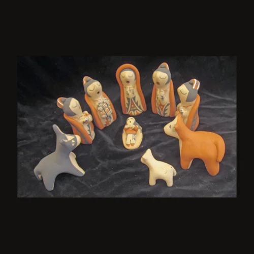PN11 Jemez Mary Toya Pottery, Nativity Set,  9 pieces in bisque clay,  with painted detail.