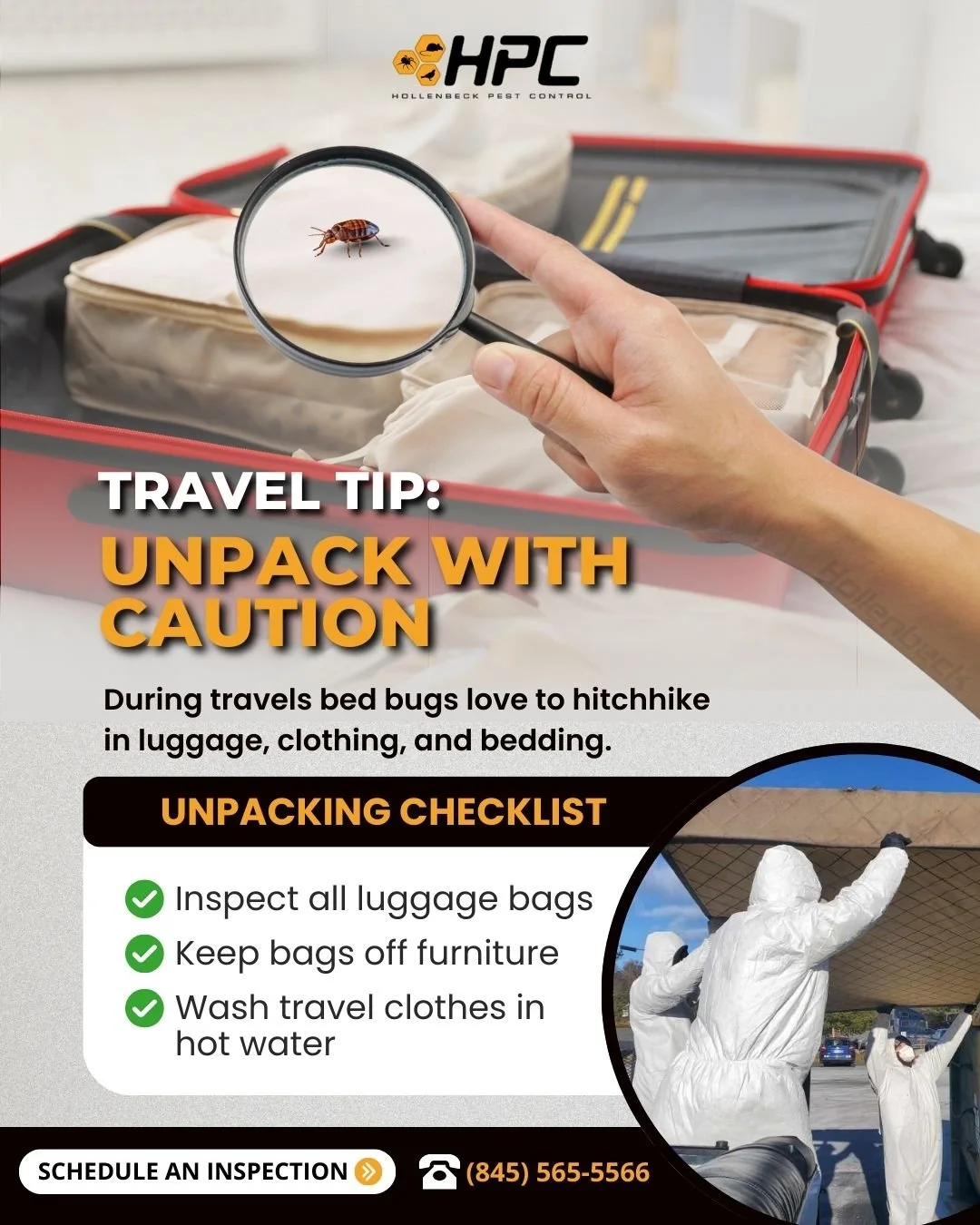 Don&rsquo;t bring home unexpected souvenirs from your travels. Take a few extra precautions while unpacking to keep your space pest-free.

Need an inspection just to be safe? Give us a call!
(845) 565-5566

#pestcontrol#exterminator#shoplocal#smallbu