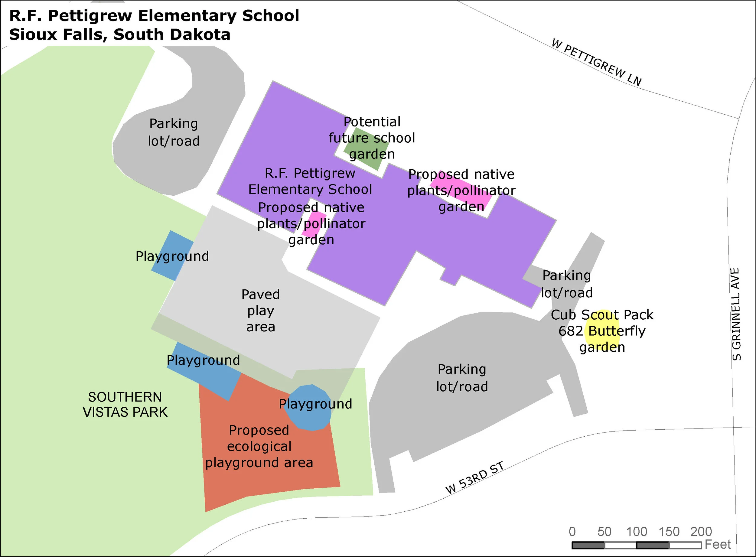 Map of RF Pettigrew campus with potential siting of the Ecological Playground.