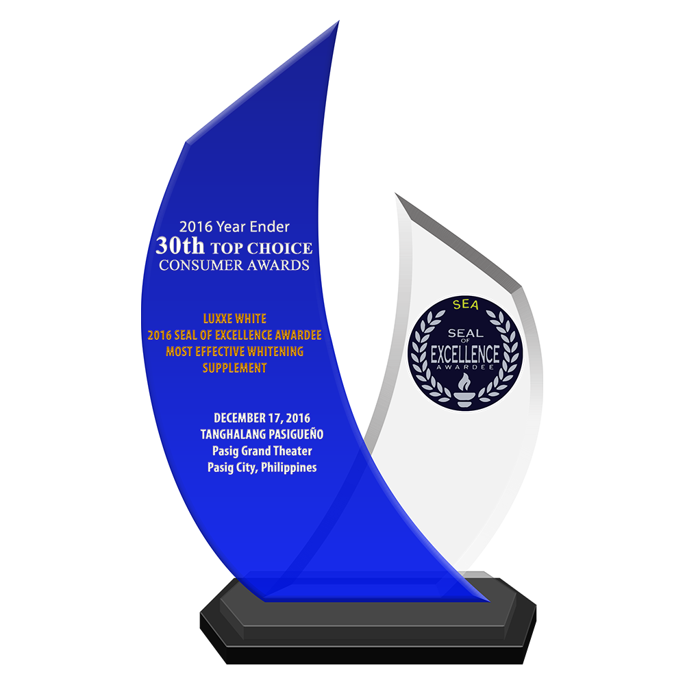 2016 Year Ender 30th TOP CHOICE CONSUMER AWARDS LUXXE WHITE 2016 Seal of Excellence Awardee Most Effective Whitening Supplement