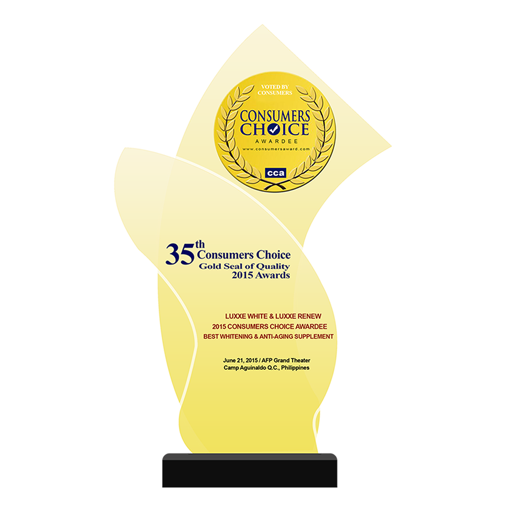35th CONSUMERS CHOICE Gold Seal of Quality 2015 Awards LUXXE WHITE & LUXXE RENEW 2015 Consumers Choice Awardee Best Whitening & Anti-Aging Supplement
