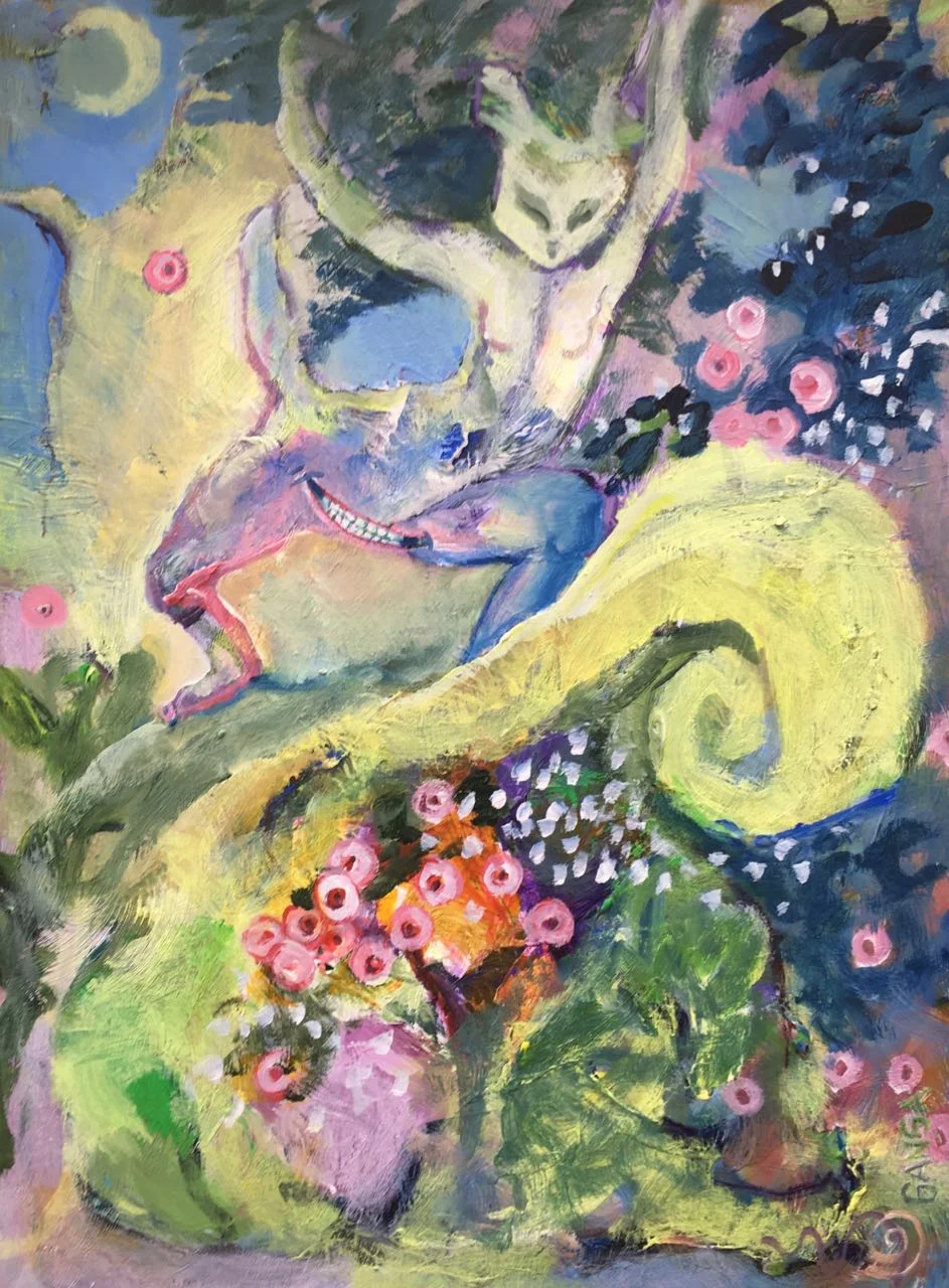 SOLD/ MEMORY OF THE NIGHT. Acrylic on board. Golden frame. 32 x 41 cm