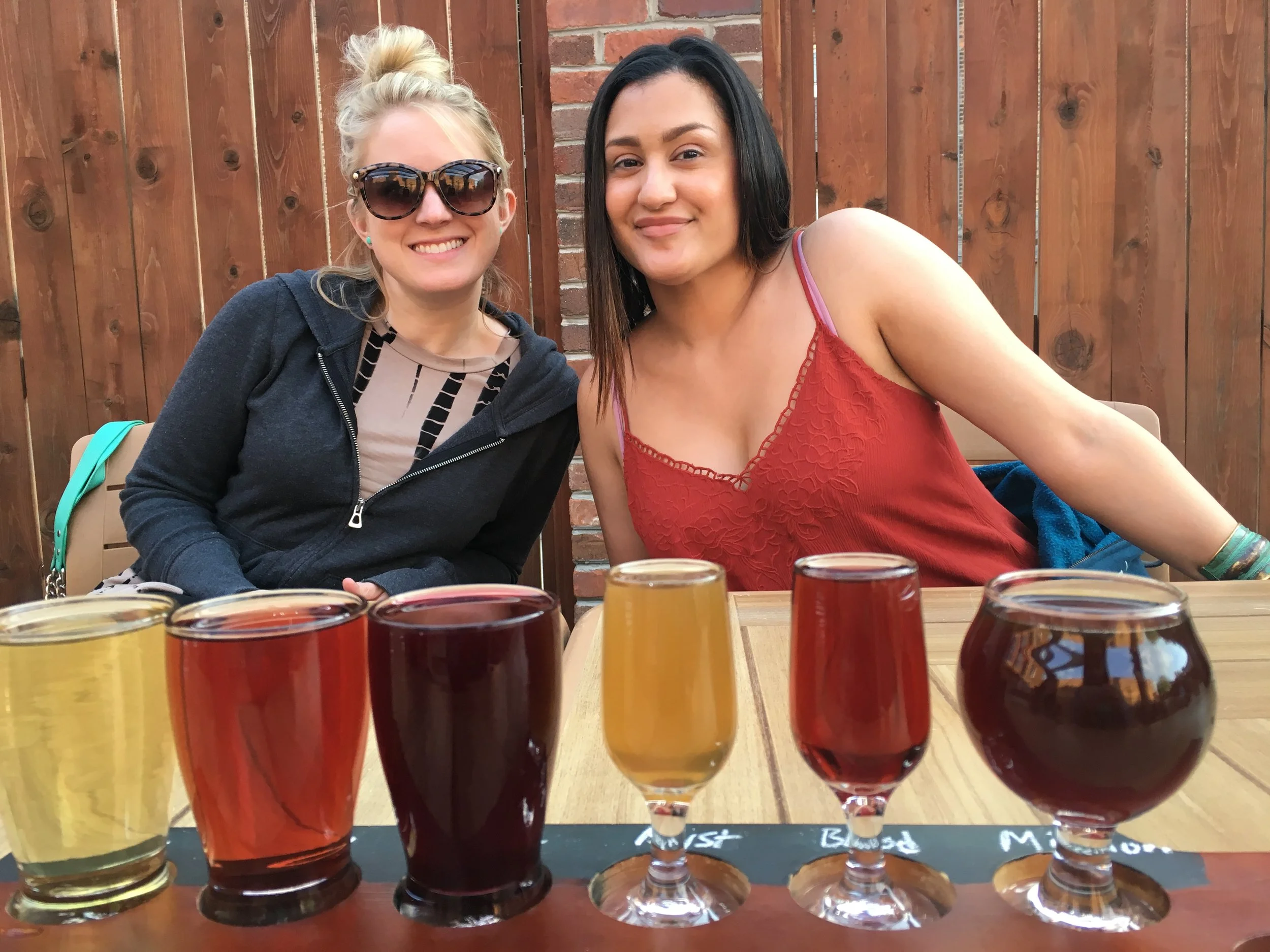 Deborah and Cynthia and our array of drinks at BottleHouse Brewery and Mead Hall. 