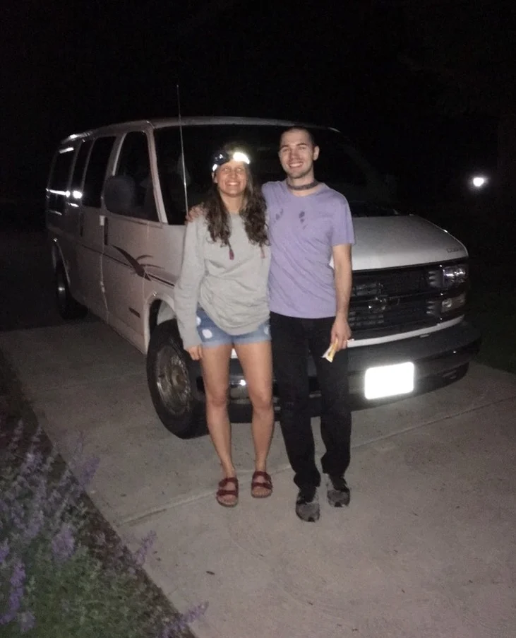 Becca and Luke outside of Luke's van, Rusty. 